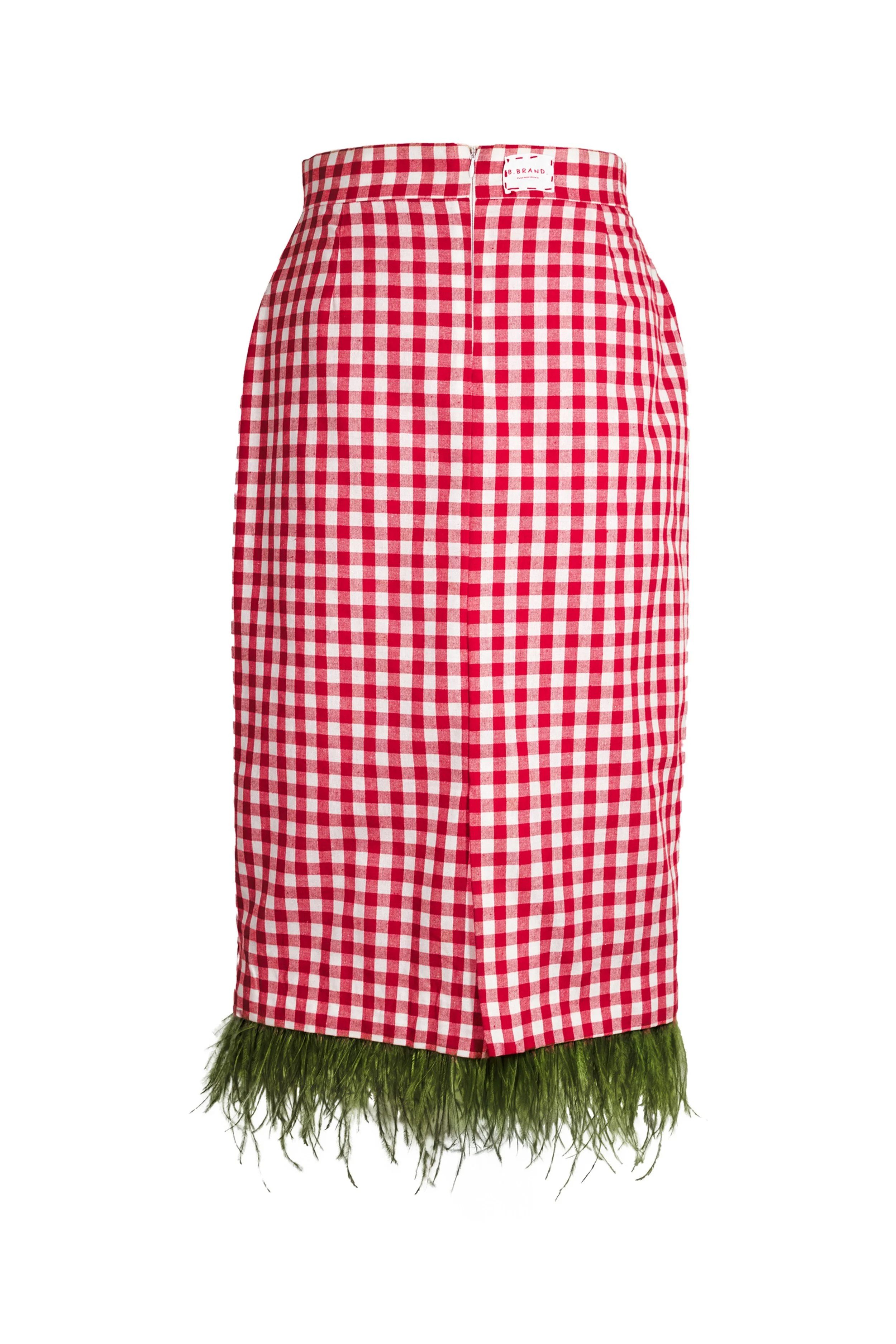 Red gingham cotton midi skirt back view with detachable green feather hem — Italian Table served with Basilico by B.Brand