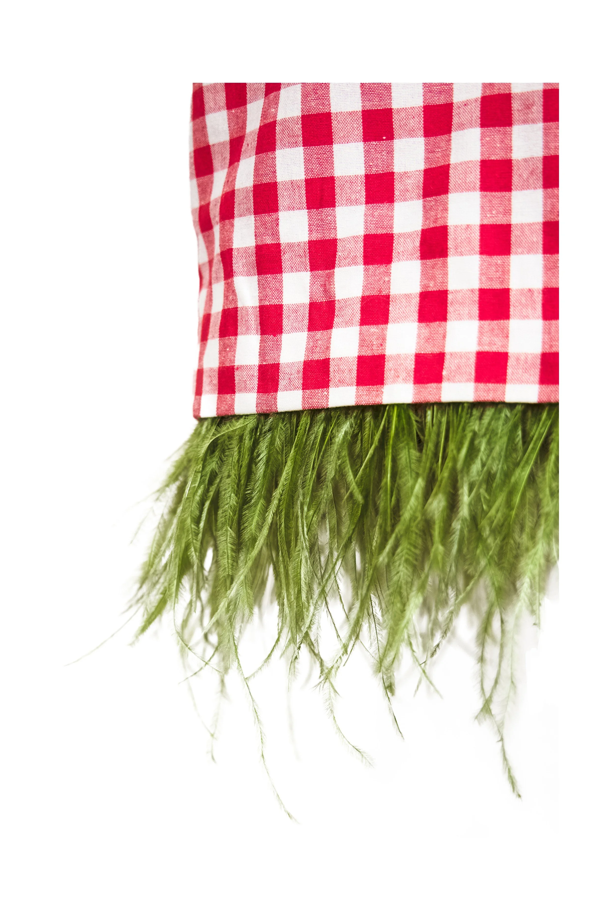 Close-up of green feather hem trim on red gingham cotton skirt — Italian Table served with Basilico by B.Brand