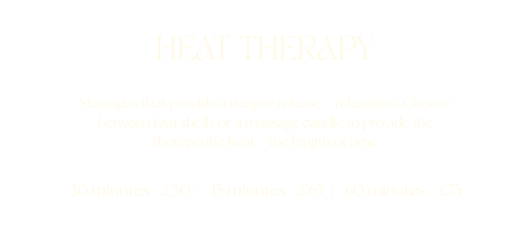 A black poster advertising heat therapy massages, offering options with lava shells or a massage candle, with durations and prices listed.