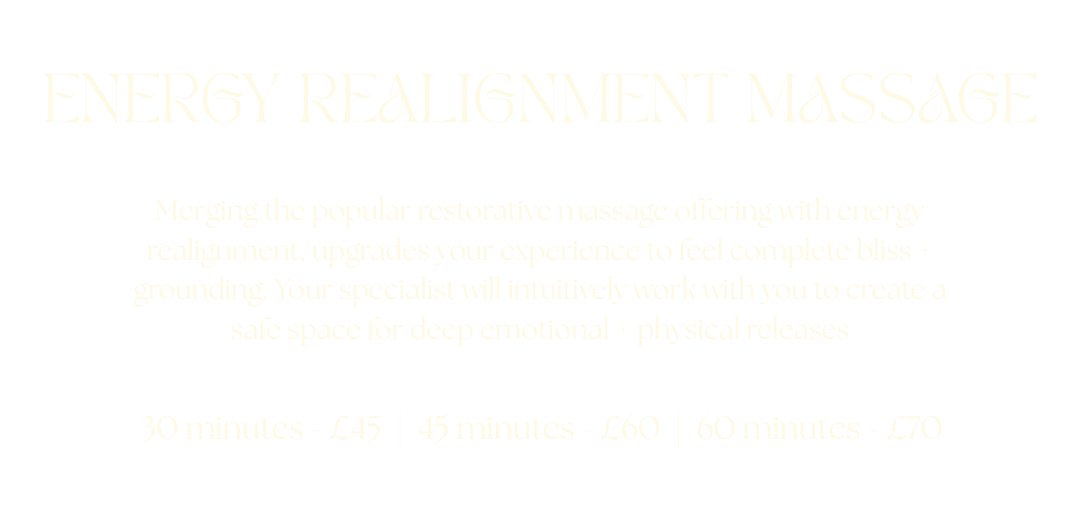 Text advertisement for energy realignment massage offering various durations and prices, against a black background.