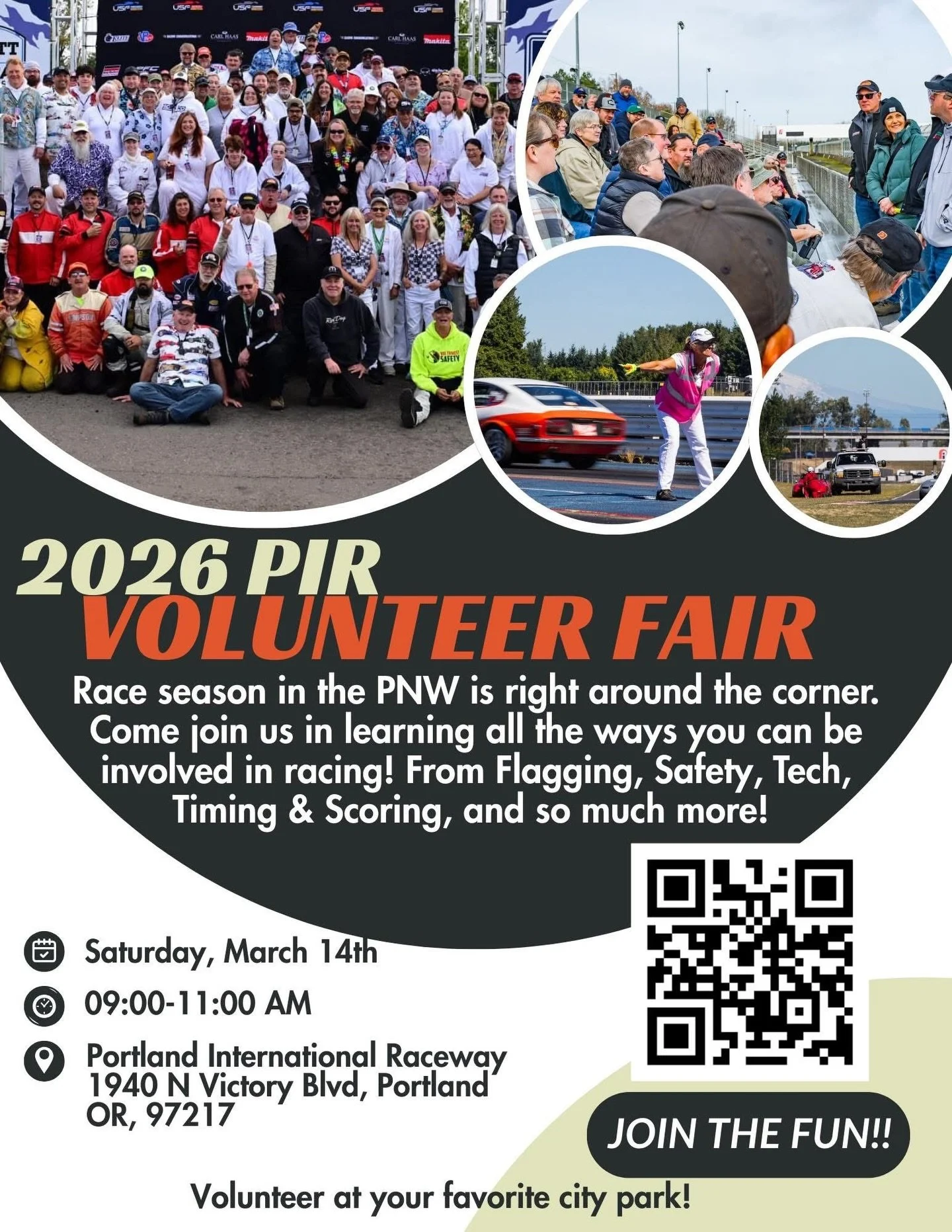 The Volunteer Fair is almost here! Join us March 14th from 9:00 am to 11:00 am at Portland International Raceway and learn about all the ways you can become involved and help at amateur and pro racing events in the NW! Be sure to send this on to frie