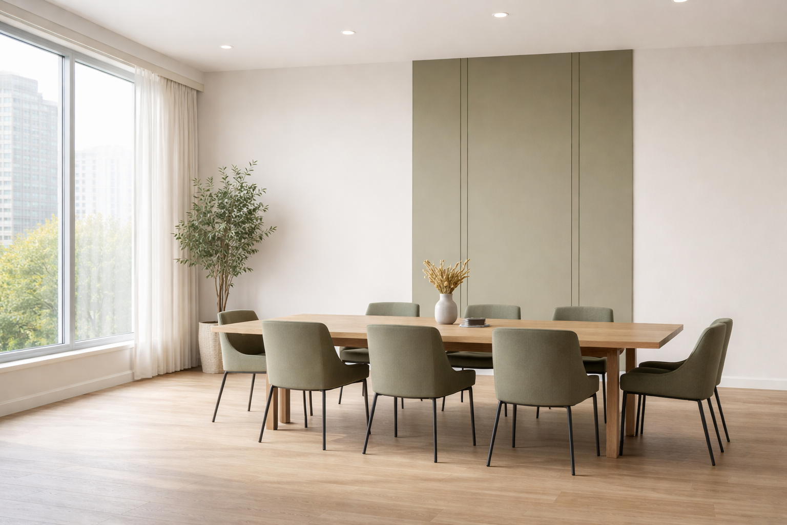 A foggy autumn landscape featuring a grassy field with tall trees, including some with changing leaves, and a forest of pine trees in the distance, with mountains in the background.
