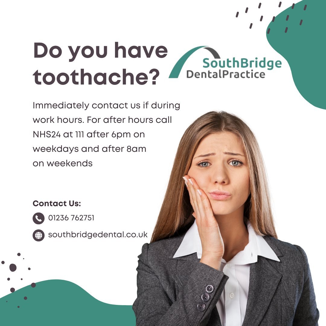 🦷 Toothache Troubles? Here's What to Do🦷

If you're experiencing a toothache, don't suffer in silence! Reach out to us immediately during working hours. If it's after hours, NHS24 can help: call 111 after 6pm on weekdays and after 8am on weekends. 