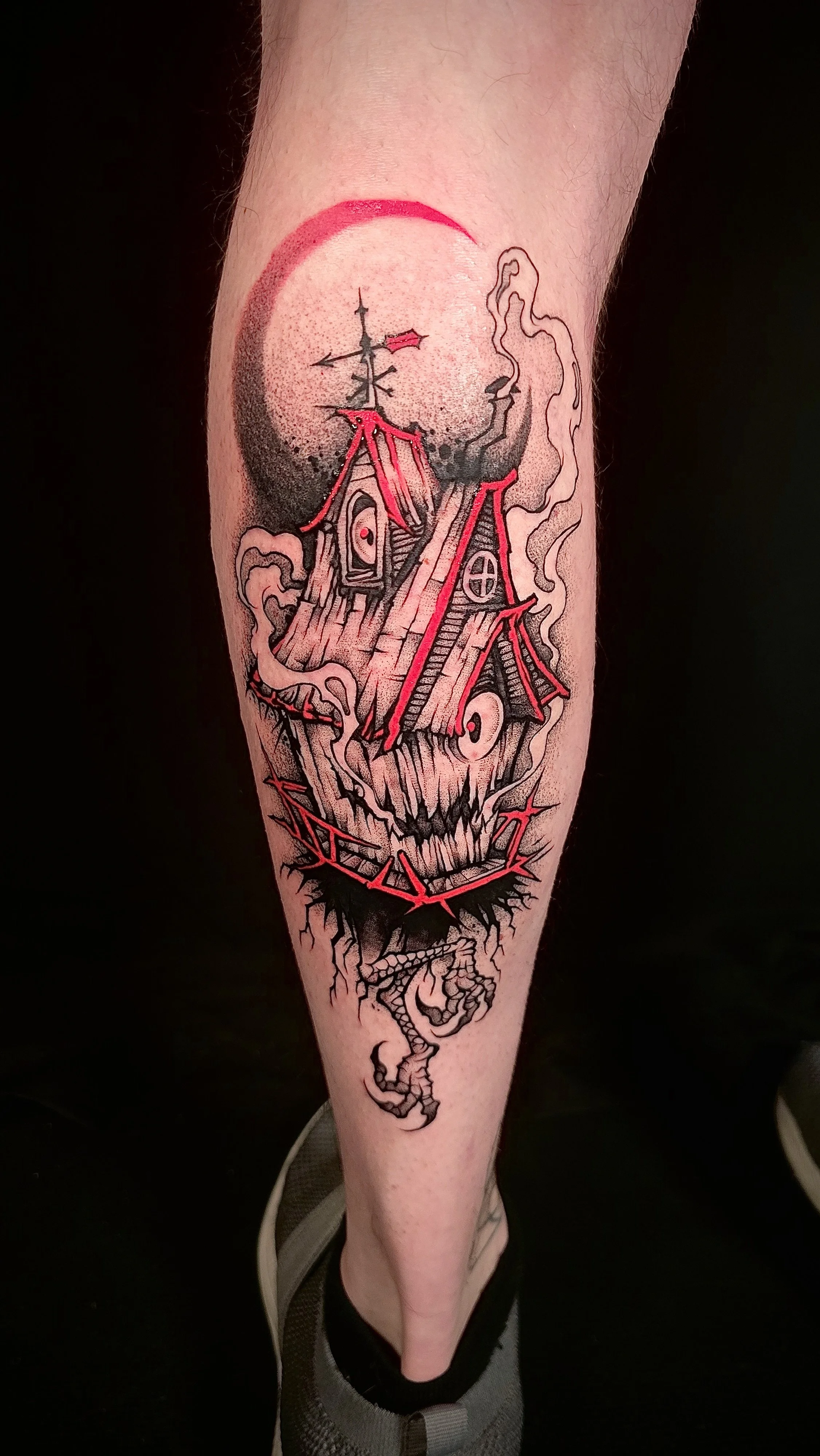 A black and red tattoo of a plague doctor connor smith deathcandy_art tattoo artist seattle washington.