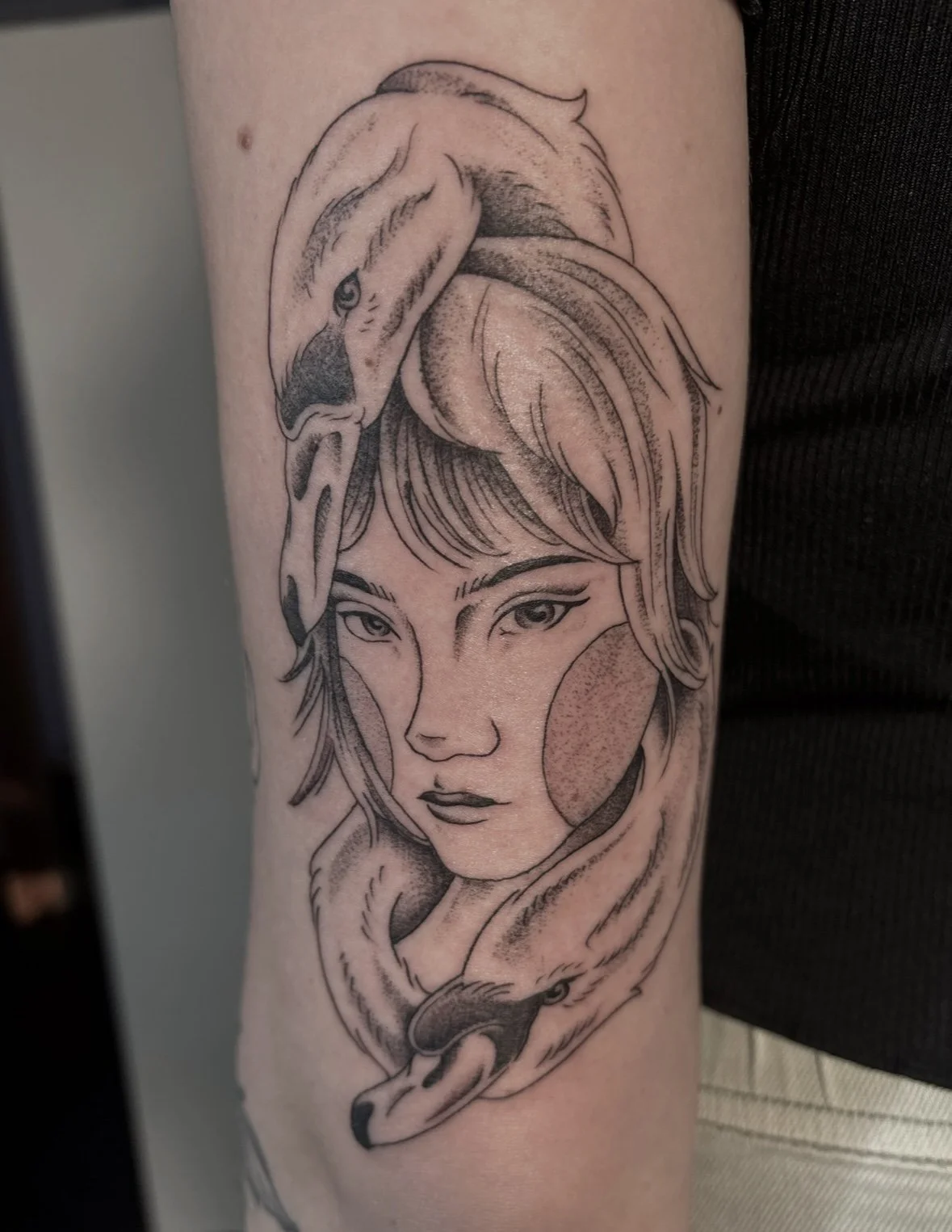 Katie Parry thursdaybluez seattle tattoo artist black and gray fine line  girl and swan tattoo