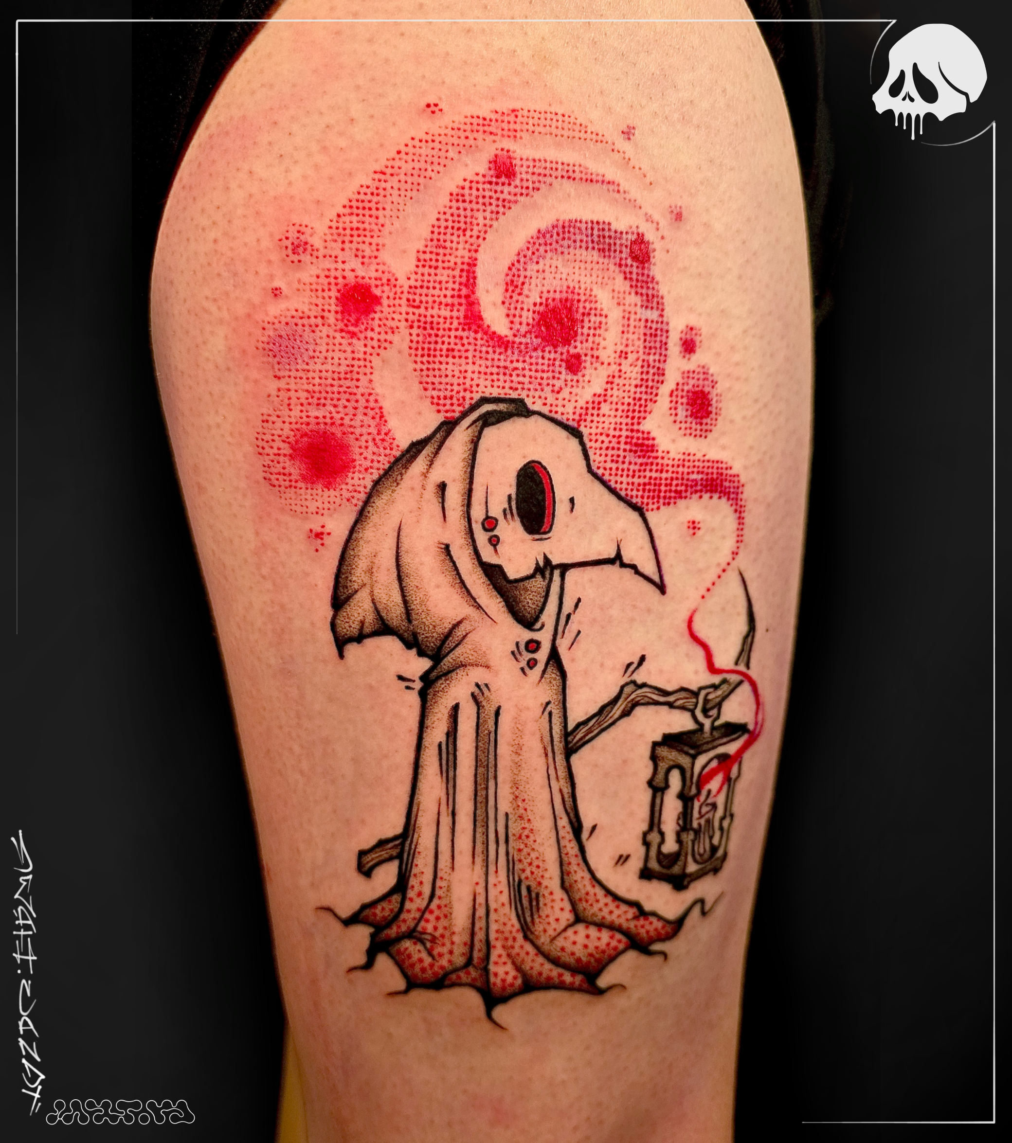 A tattoo of a plague doctor cartoon black and red connor smith deathcandy_art tattoo artist seattle washington.