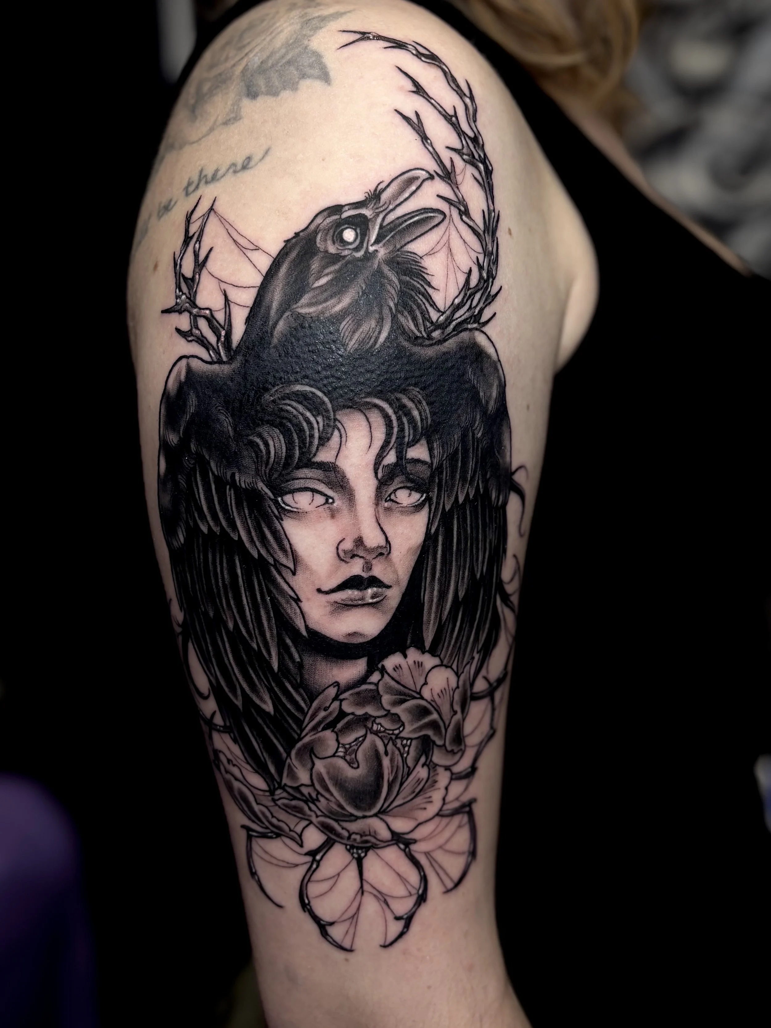 Giovanni willett vbstrvct Seattle tattoo artist tattoo of a raven woman black and gray