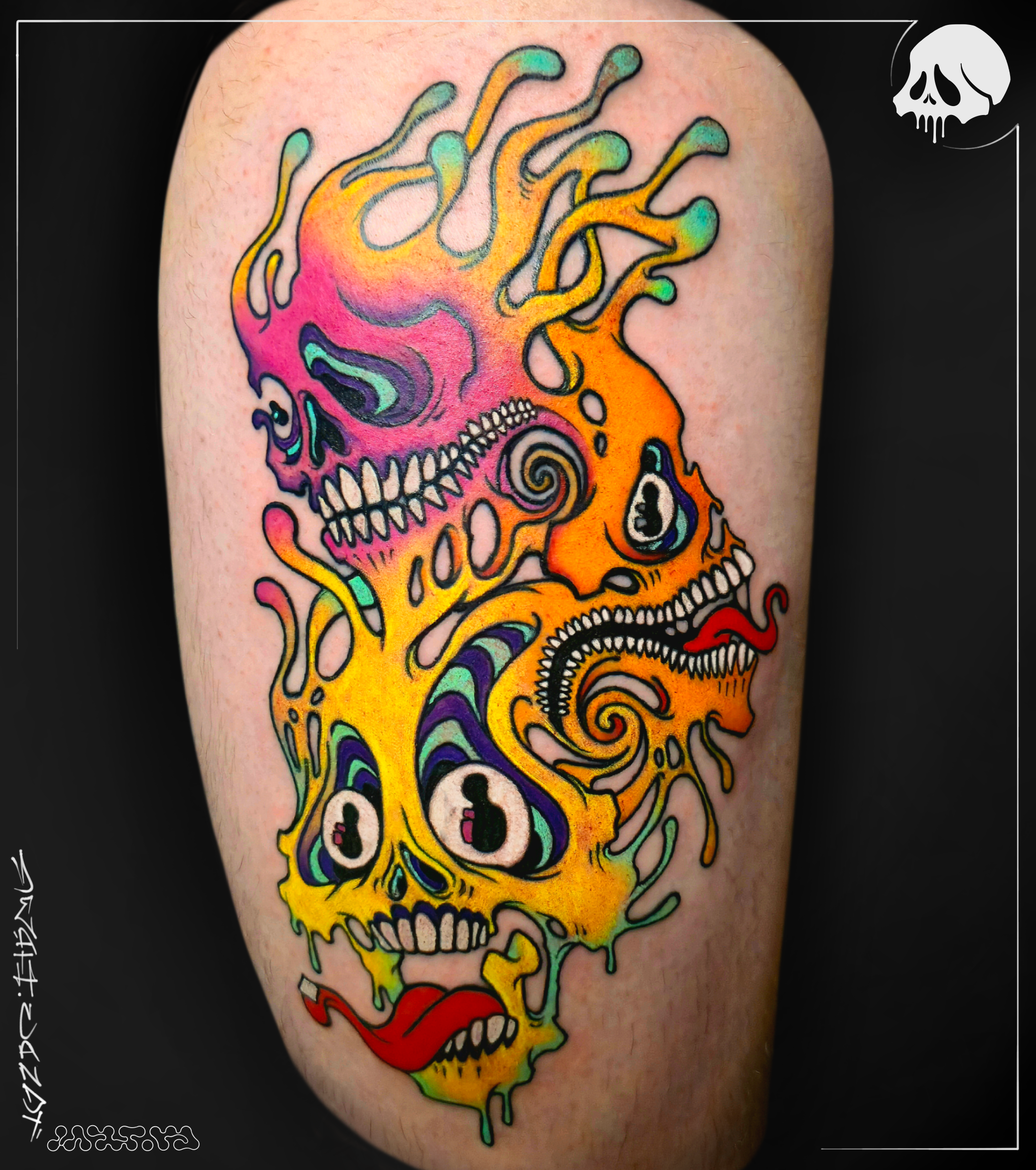 A colorful tattoo of trippy skulls connor smith deathcandy_art tattoo artist seattle washington.