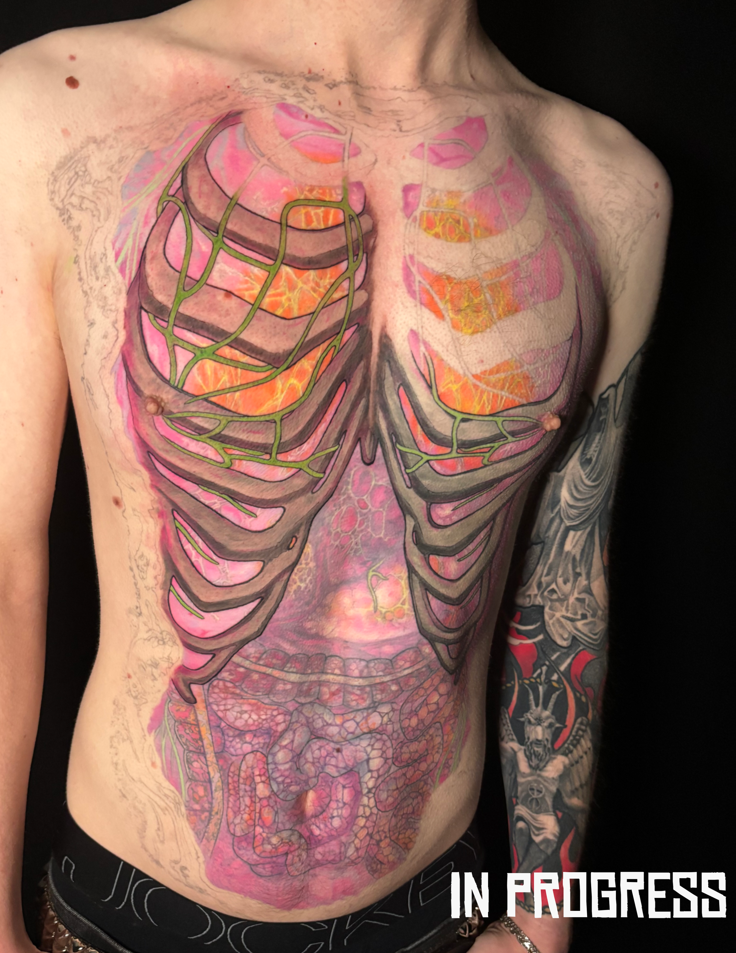 biomech body horror skeleton anatomy tattoo