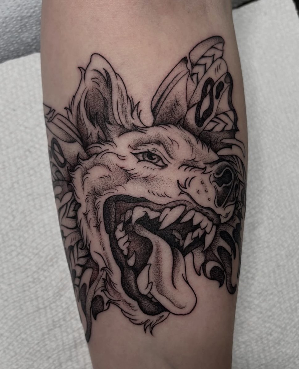 Katie Parry thursdaybluez seattle tattoo artist black and gray fine line dog and butterfly tattoo