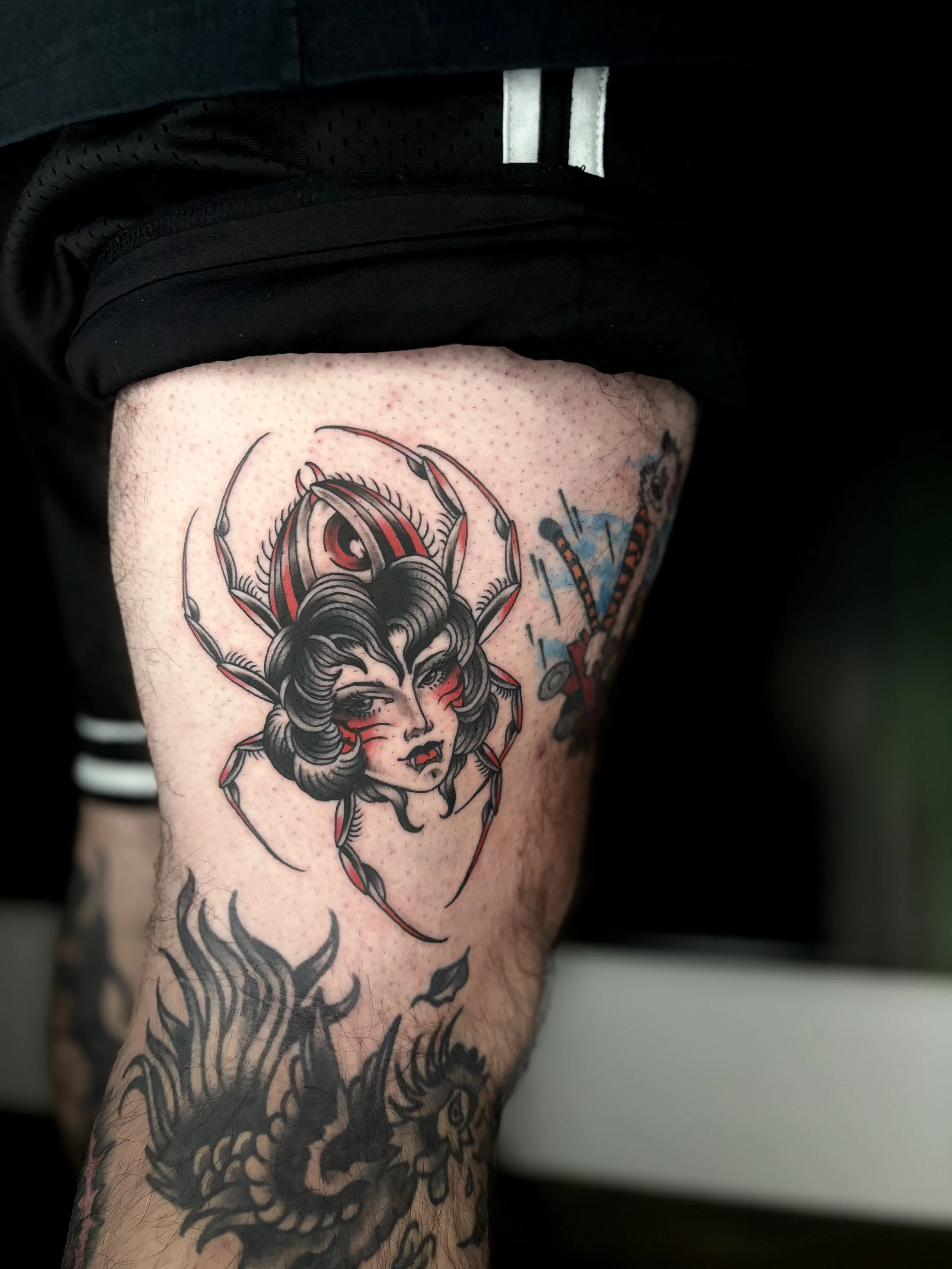 An American traditional tattoo of a spider woman with an eye Giovanni willett vbstrvct Seattle tattoo artist