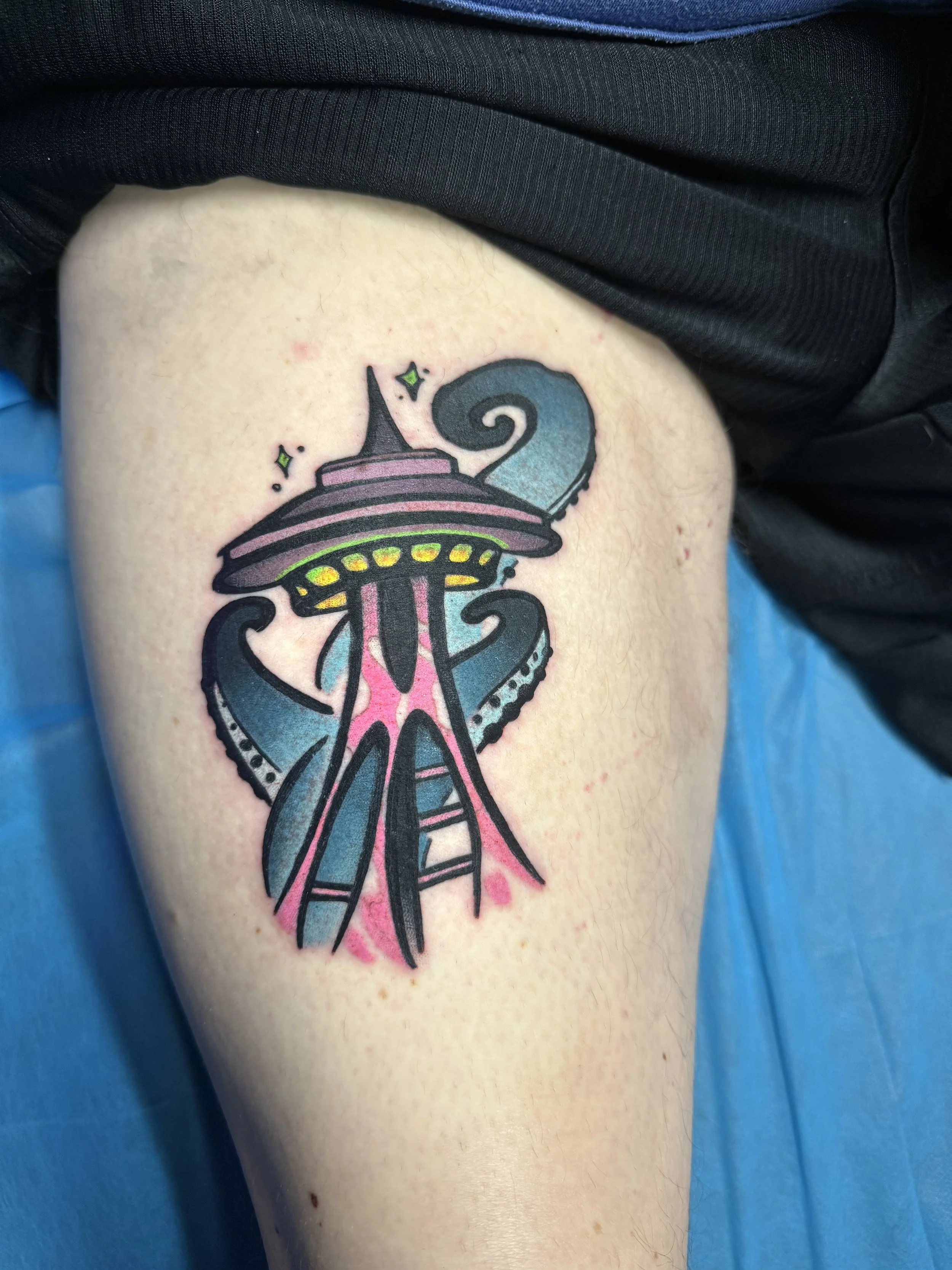 space needle, tentacles. retro sci-fi, krakens, tattoo, color tattoo, octopus, 