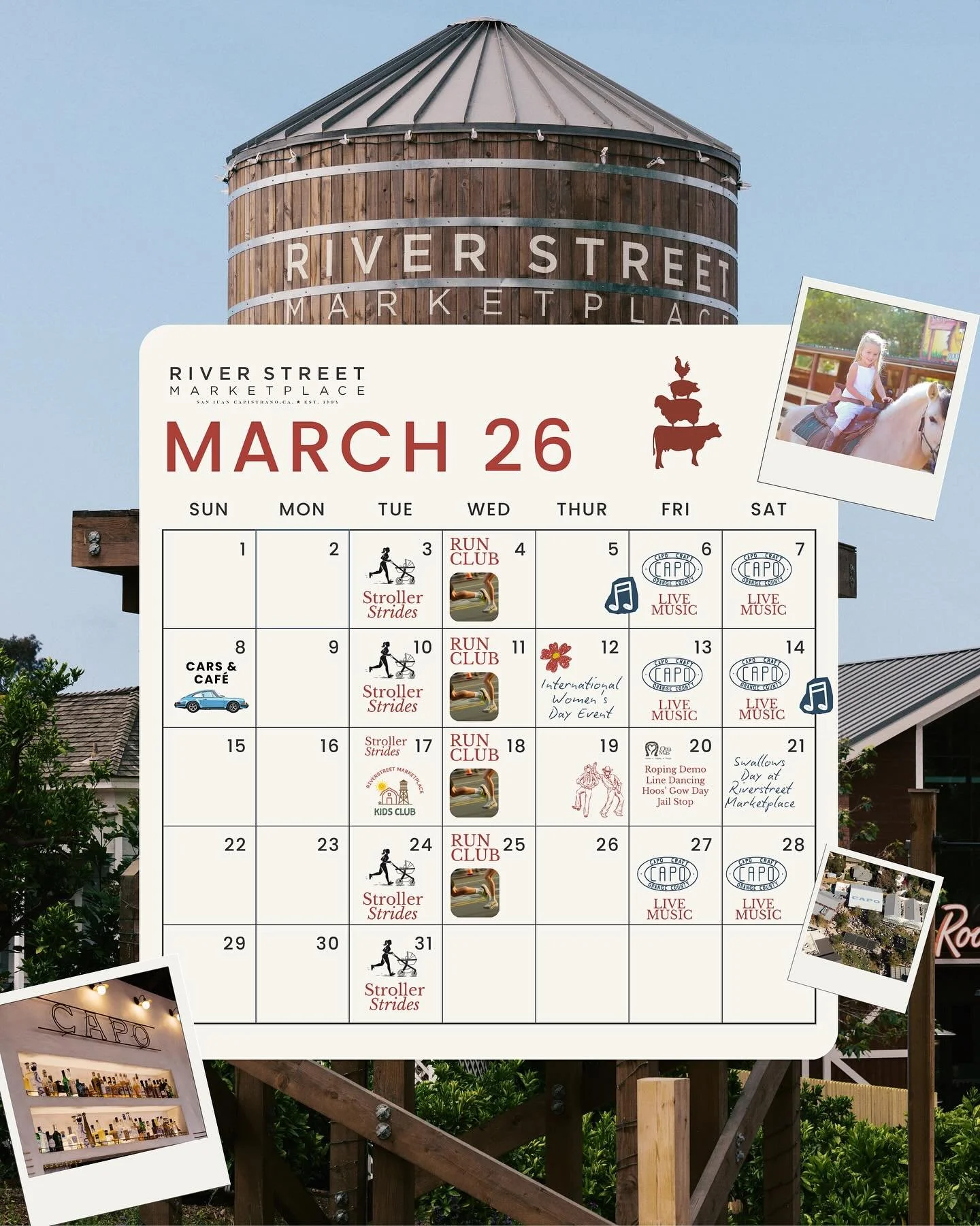 March at River Street 🤠✨

A full calendar and something for everyone this month!

Live music @capoleisure every week
Weekly @riverstreet_runclub + @fit4momsouthoc Stroller Strides
@occarculture Cars &amp; Cafe
Ladies Paint &amp; Sip night with @thel