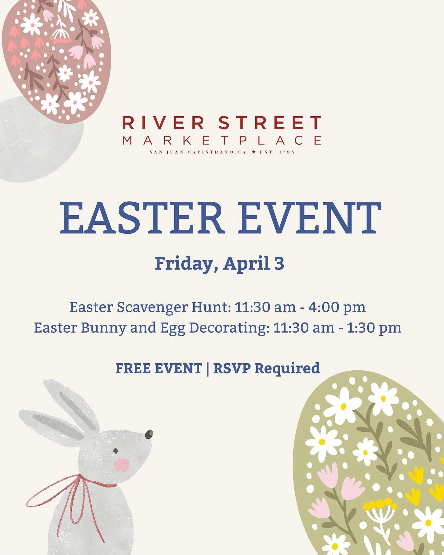 🌸 Easter Event at River Street Marketplace 🌸

Join us for a festive spring celebration at River Street Marketplace&mdash;perfect for the whole family!

Spend the day enjoying a charming mix of Easter activities, including a property-wide scavenger 