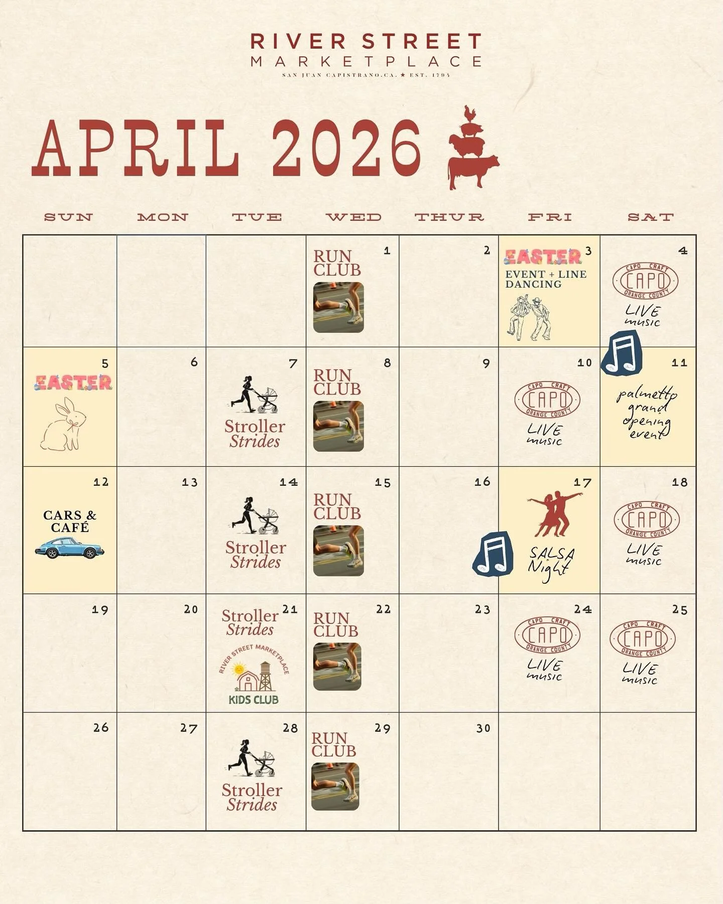 April at River Street 

Longer days, better weather, and a full calendar of reasons to be here.

✨ April Events:
&bull; April 3 | Easter Celebration
&bull; April 12 | Cars + Caf&eacute;
&bull; April 17 | Salsa Dancing Night 
&bull; April 21 | Kids Cl