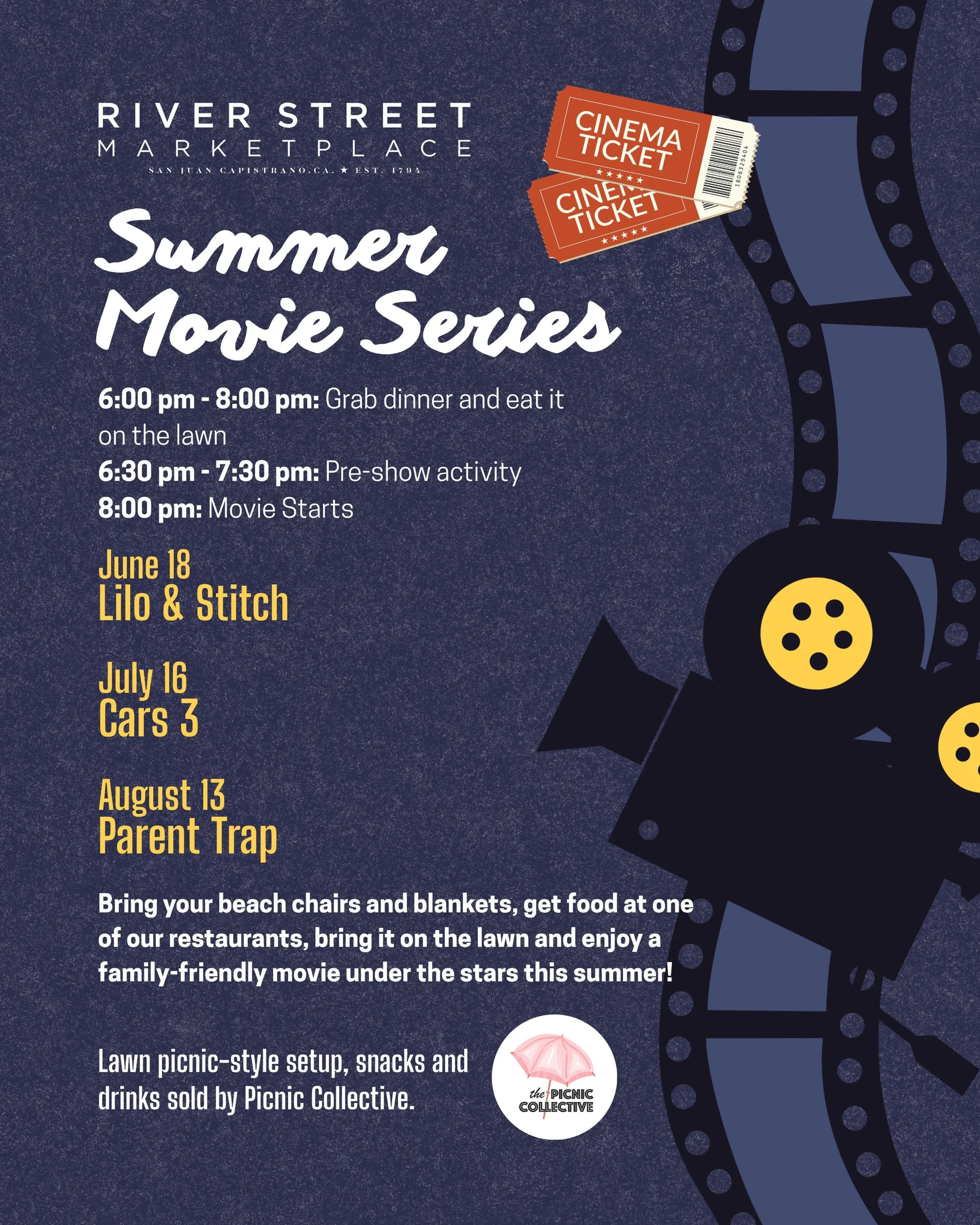 Grab your blankets, beach chairs, and your favorite people, it&rsquo;s time for family movie nights under the stars!

Movie Schedule
June 18 &mdash; Lilo &amp; Stitch
July 16 &mdash; Cars 3
August 13 &mdash; The Parent Trap

Event Timeline
6:00&ndash