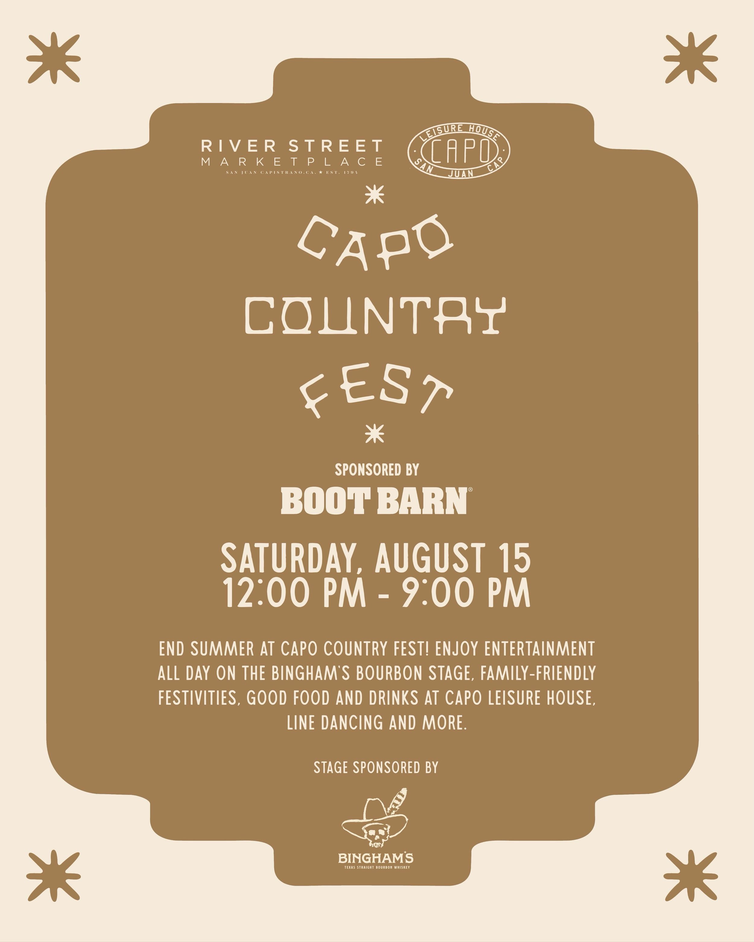 Saddle up, San Juan! 🌵

CAPO Country Fest is coming to River Street Marketplace on Saturday, August 15 from 12&ndash;9 PM!

Spend the day with:
Live country music on the Bingham&rsquo;s Bourbon Stage
Line dancing
FREE face painting
Woody &amp; Jessi