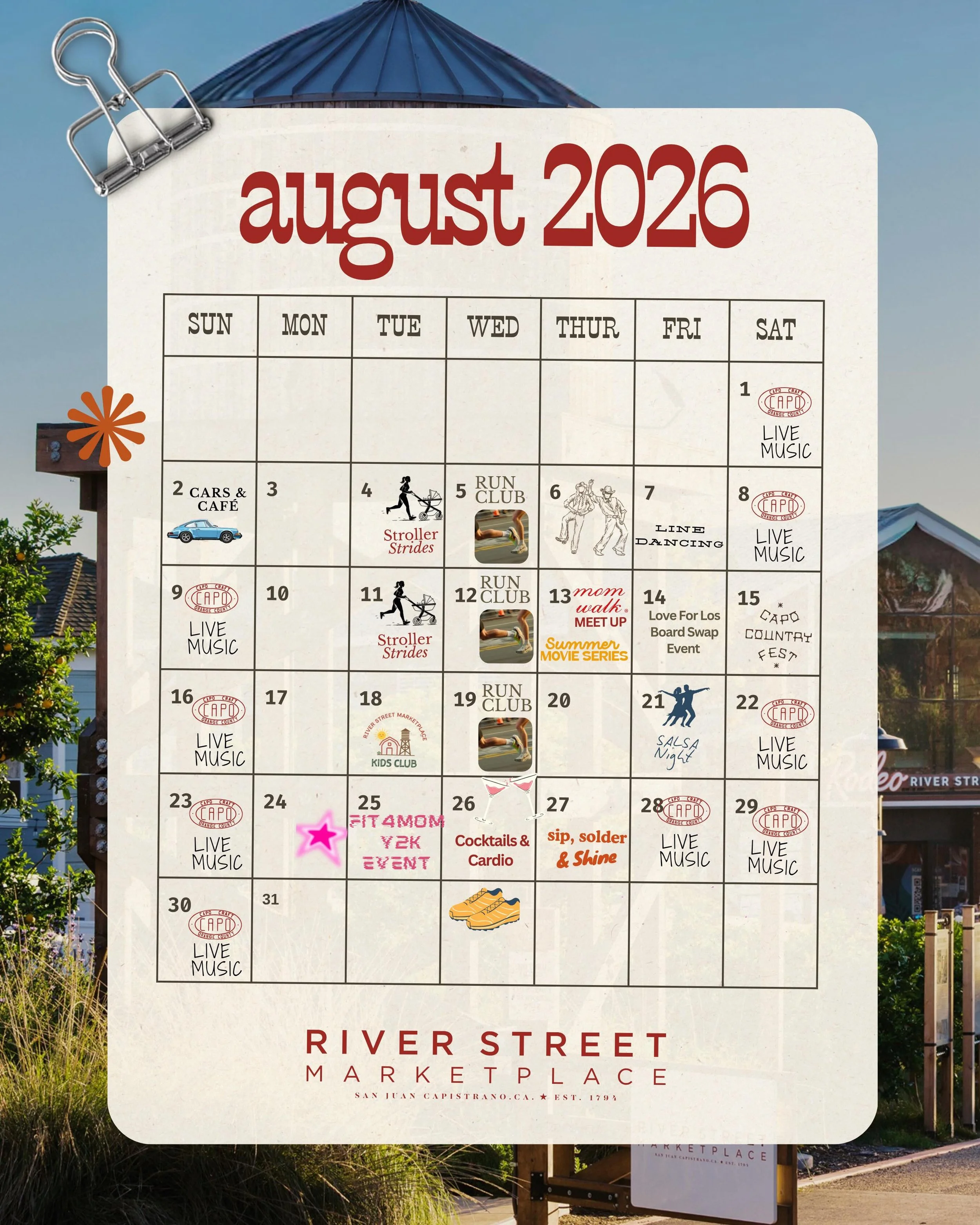 August is stacked. ☀️

 From live music to family activities, dancing, a movie night, fitness class, make and take class, and community gatherings, August is one of our biggest months yet.

Save this calendar, tag your crew, and we&rsquo;ll see you a
