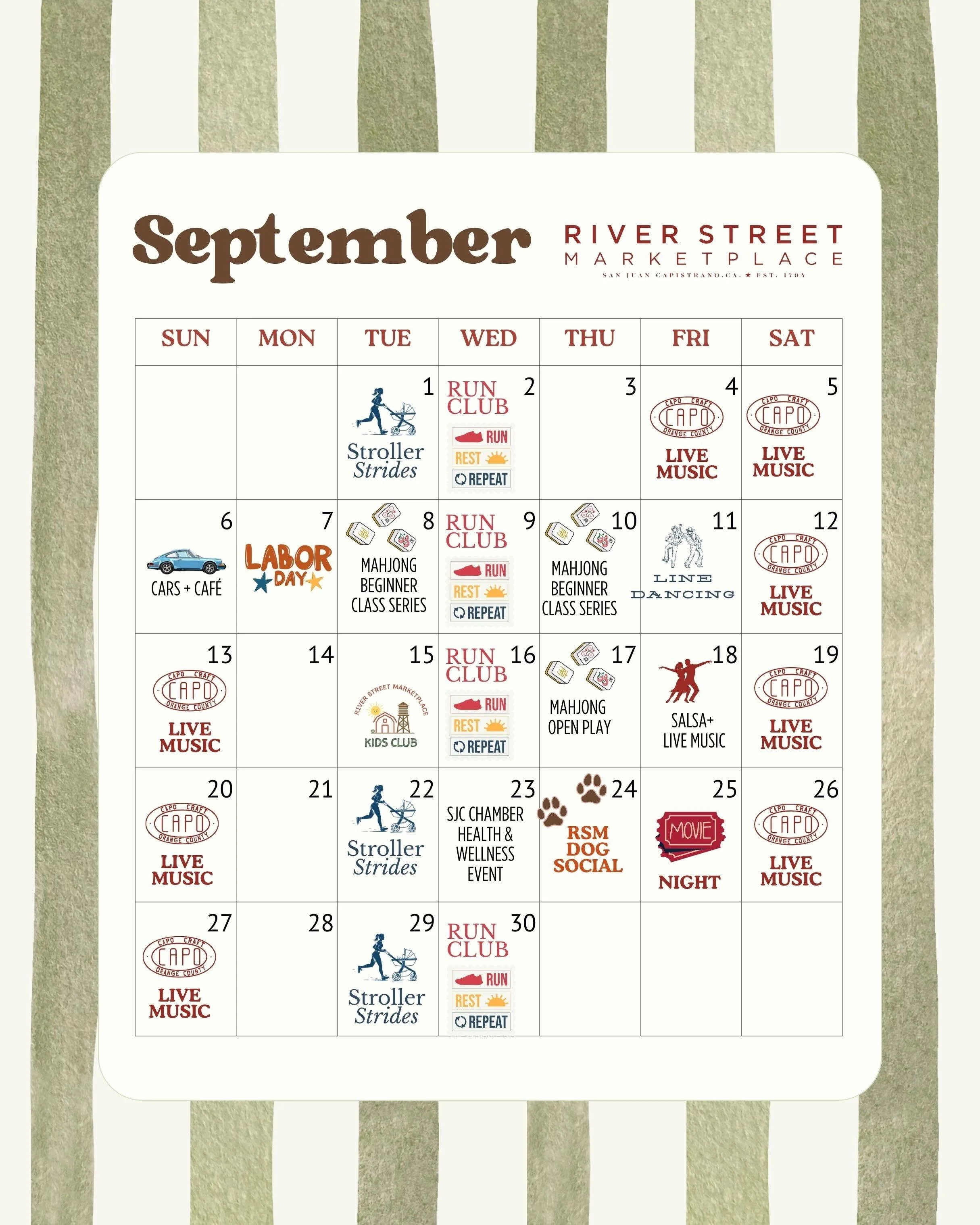 Hello, September!

Our calendar is full and we&rsquo;re ready for it. Mahjong nights, our first River Street Dog Social, movie night under the stars, live music, Run Club, Kids Club + plenty more happening all month long.

Save the dates, grab your p