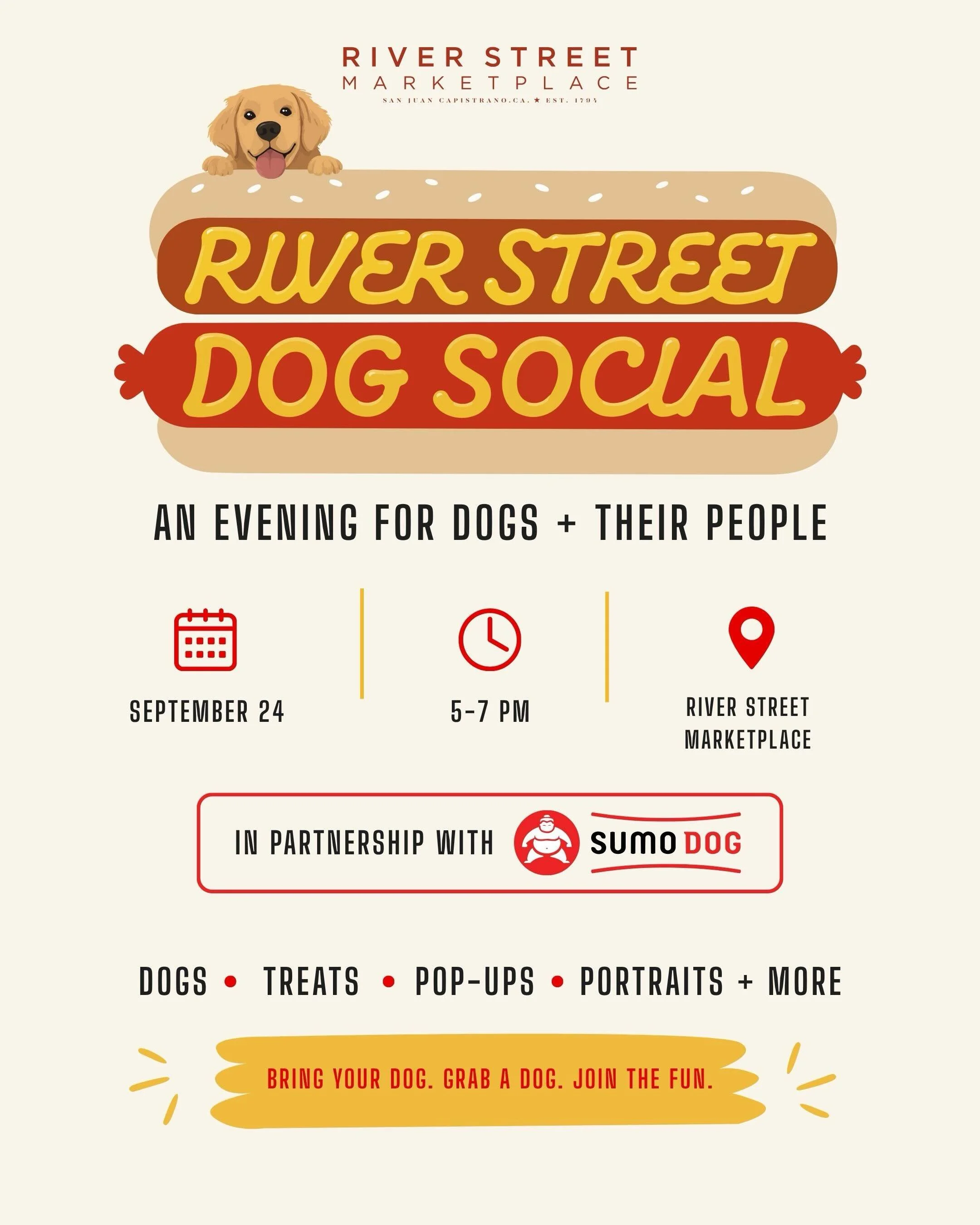Calling all pups + their people! 🐶🤎 

The River Street Dog Social is happening Thursday, September 24 from 5&ndash;7 PM at River Street Marketplace!

We&rsquo;ve got an evening packed with treats, portraits, pups, pop-ups + plenty of reasons to bri