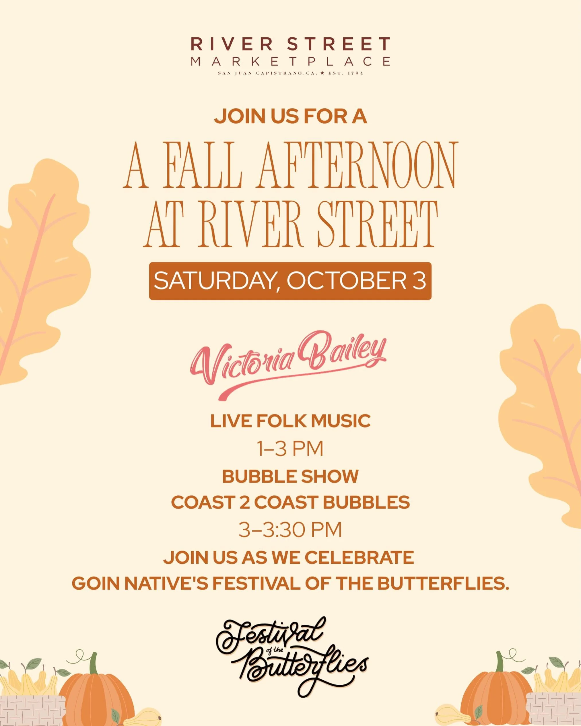 Join us Saturday, October 3 for a fall afternoon with live music, bubbles, and plenty of River Street fun.

Live folk music with @victoriabaileymusic | 1&ndash;3 PM
Bubble Show with @coast2coastbubbles | 3&ndash;3:30 PM

We&rsquo;re celebrating along