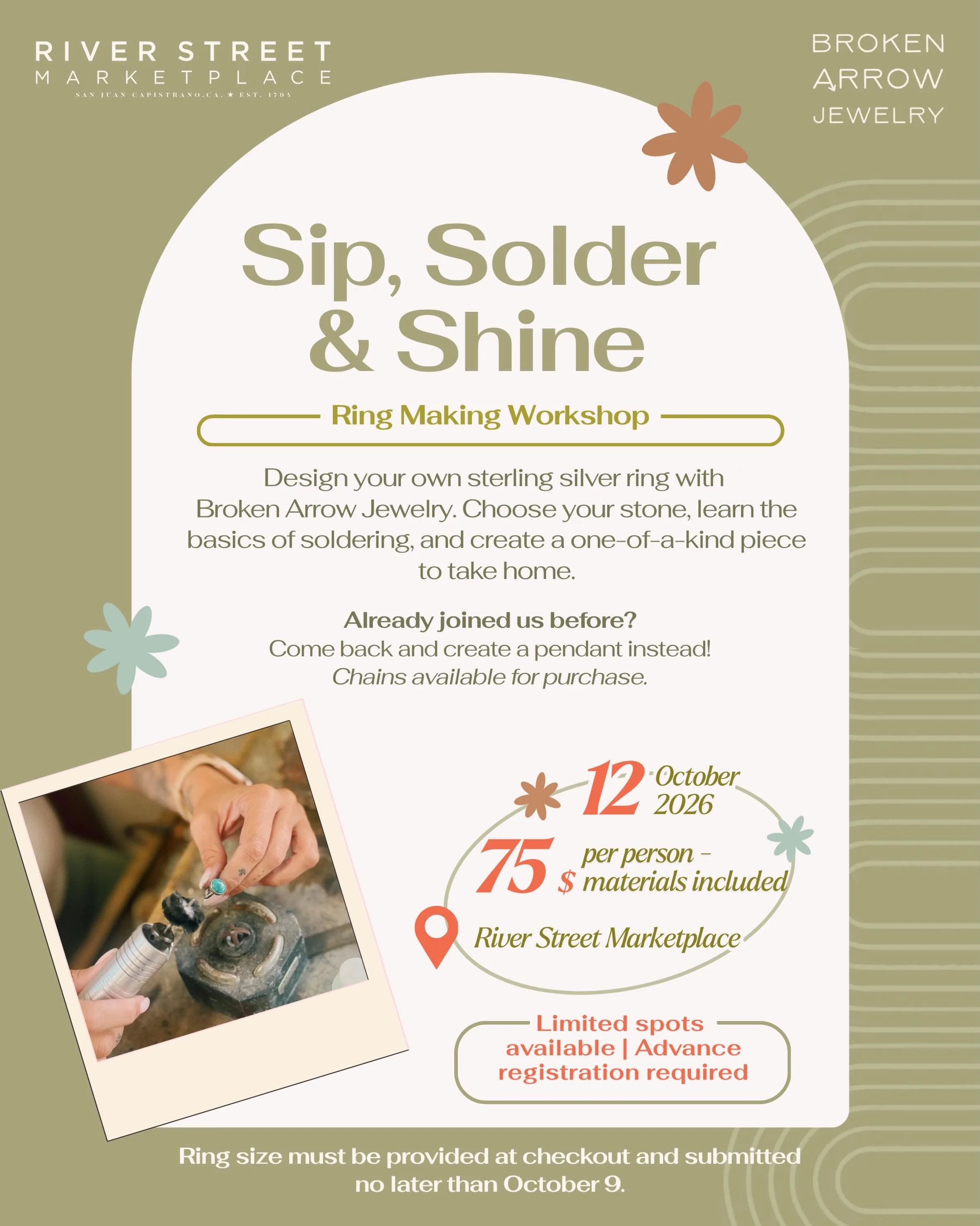 Join us next week for a fun evening of creativity with @brokenarrowjewelry! Design your very own sterling silver ring, choose your stone, and learn the art of soldering while creating something special to take home. 

Already joined us before? Come b
