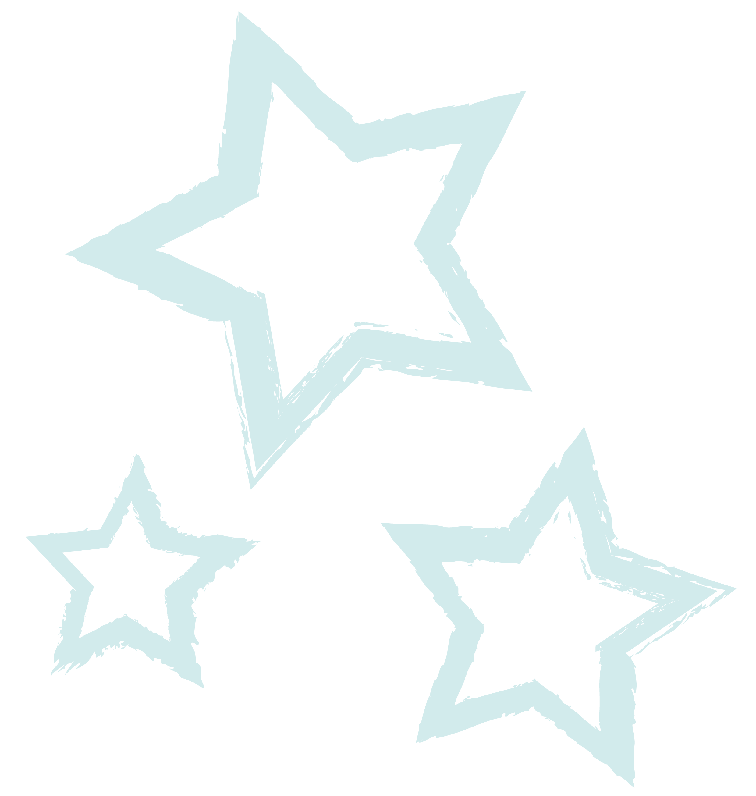 Three white stars with light blue outlines on a black background, arranged with one large star at the top and two smaller stars at the bottom left and right.
