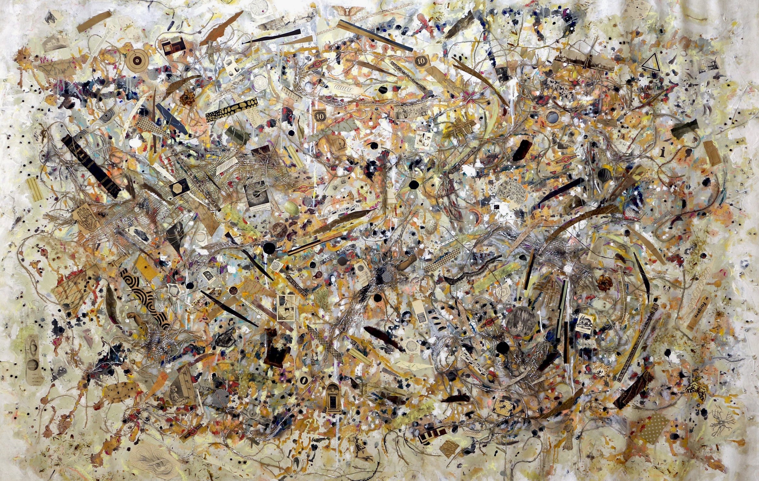 "Corona" 4'10" x 5'10" 2019. Acrylic, oil, pastel, string, paper, burlap, fabric, peppercorns, daisies, etc. on unstretched canvas.