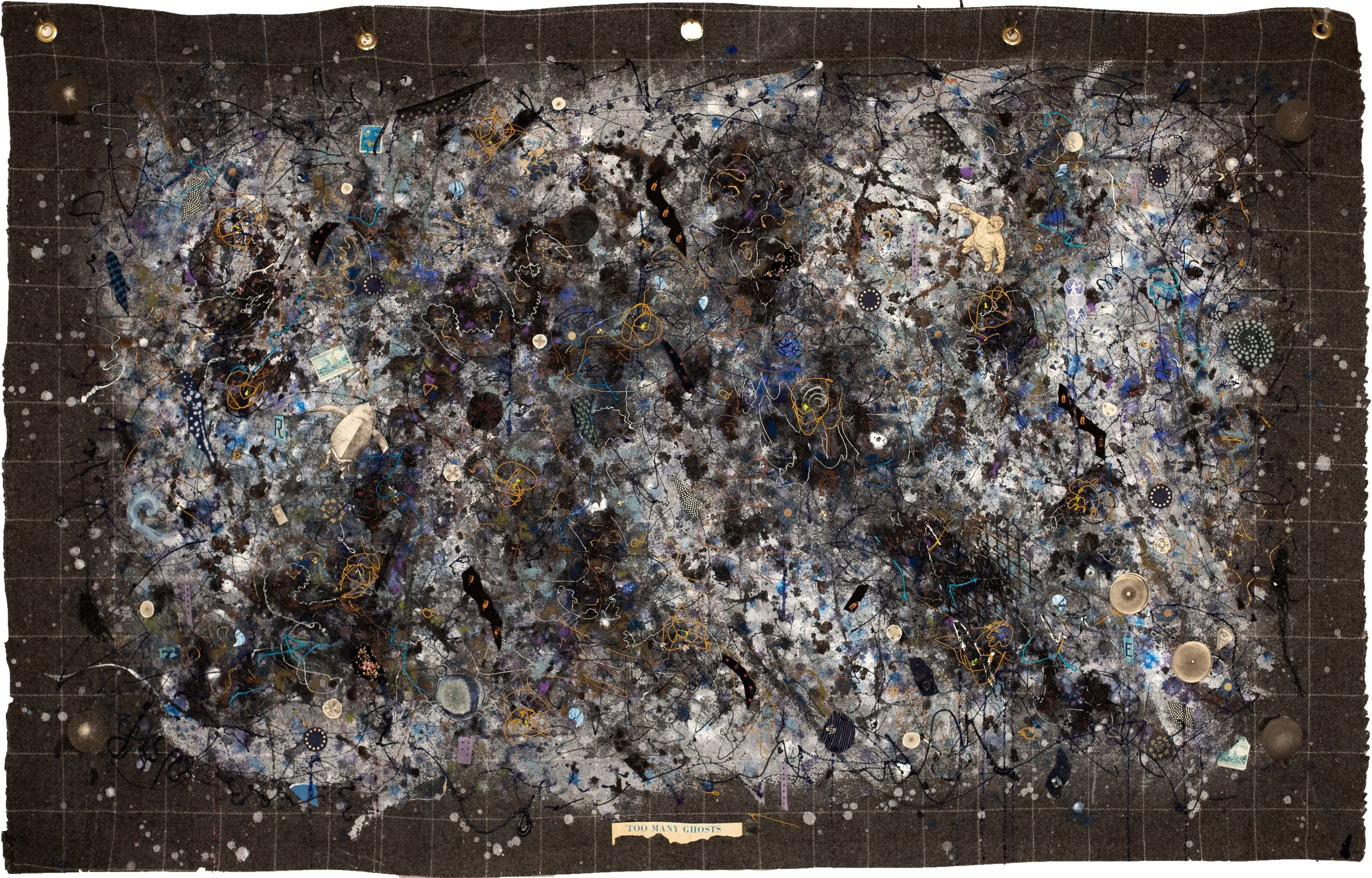 "Too Many Ghosts” 58" x 38". 2023. Acrylic, papers, string on unstretched upholstery fabric.