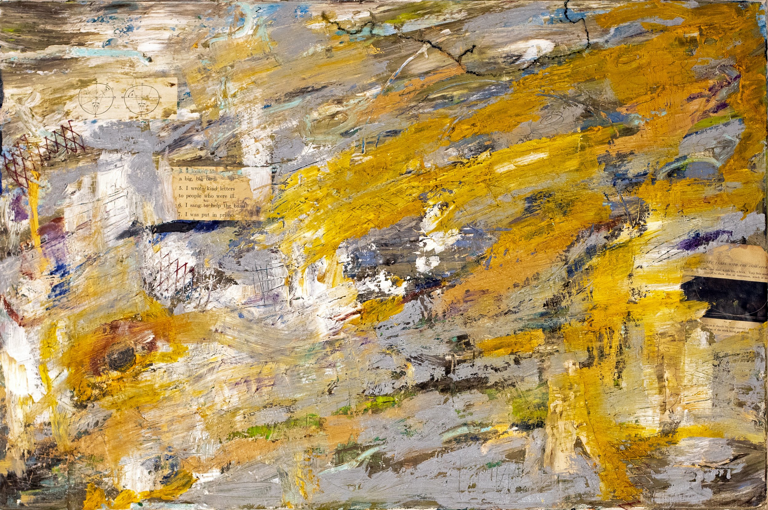 “I Wrote Kind Letters” 30" x 40" 2023. Acrylic, oil stick, pencil, paper, fabric, plastic netting, cold wax, on stretched canvas..