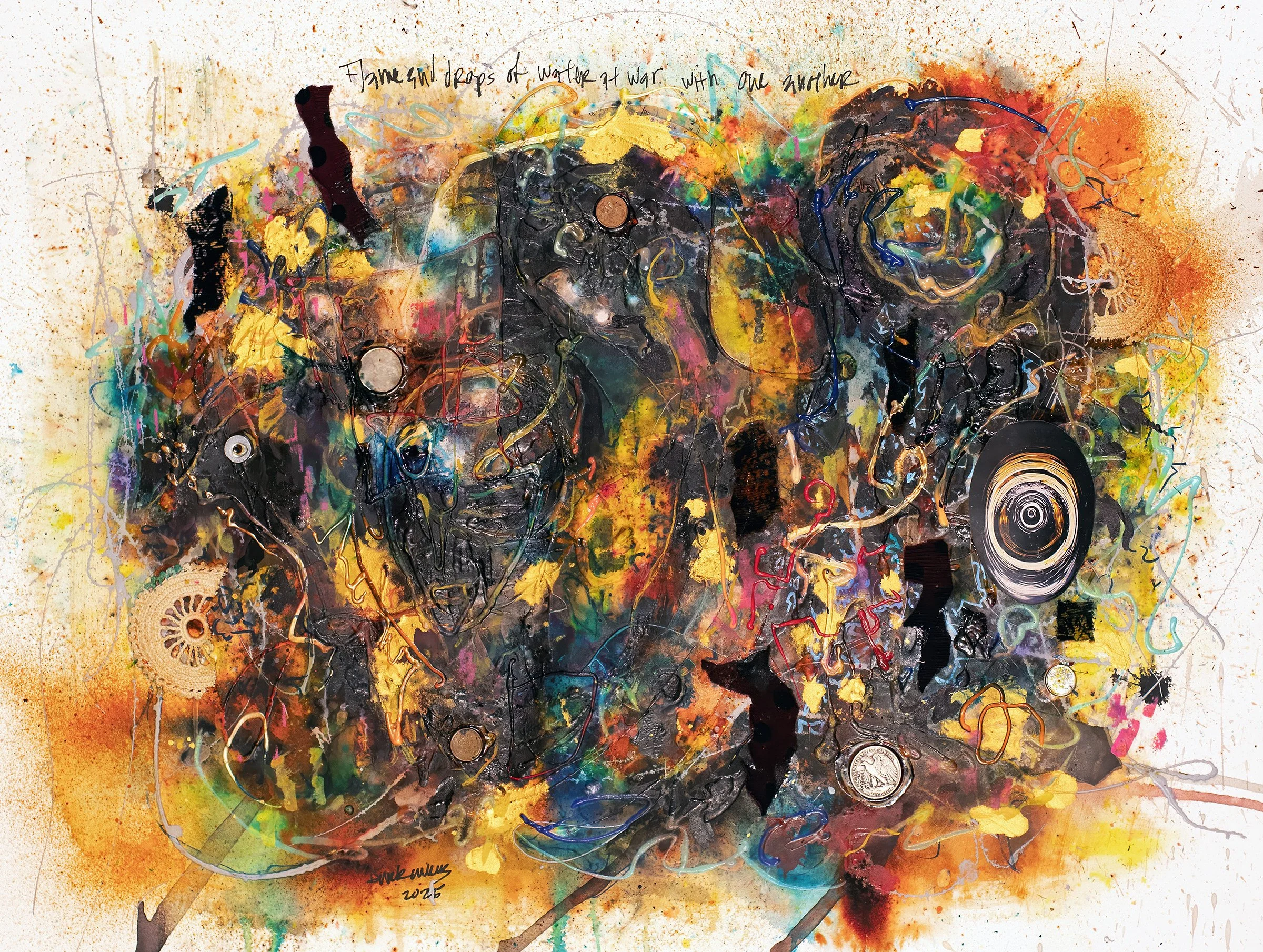 "flame and drops of water at war with one another"