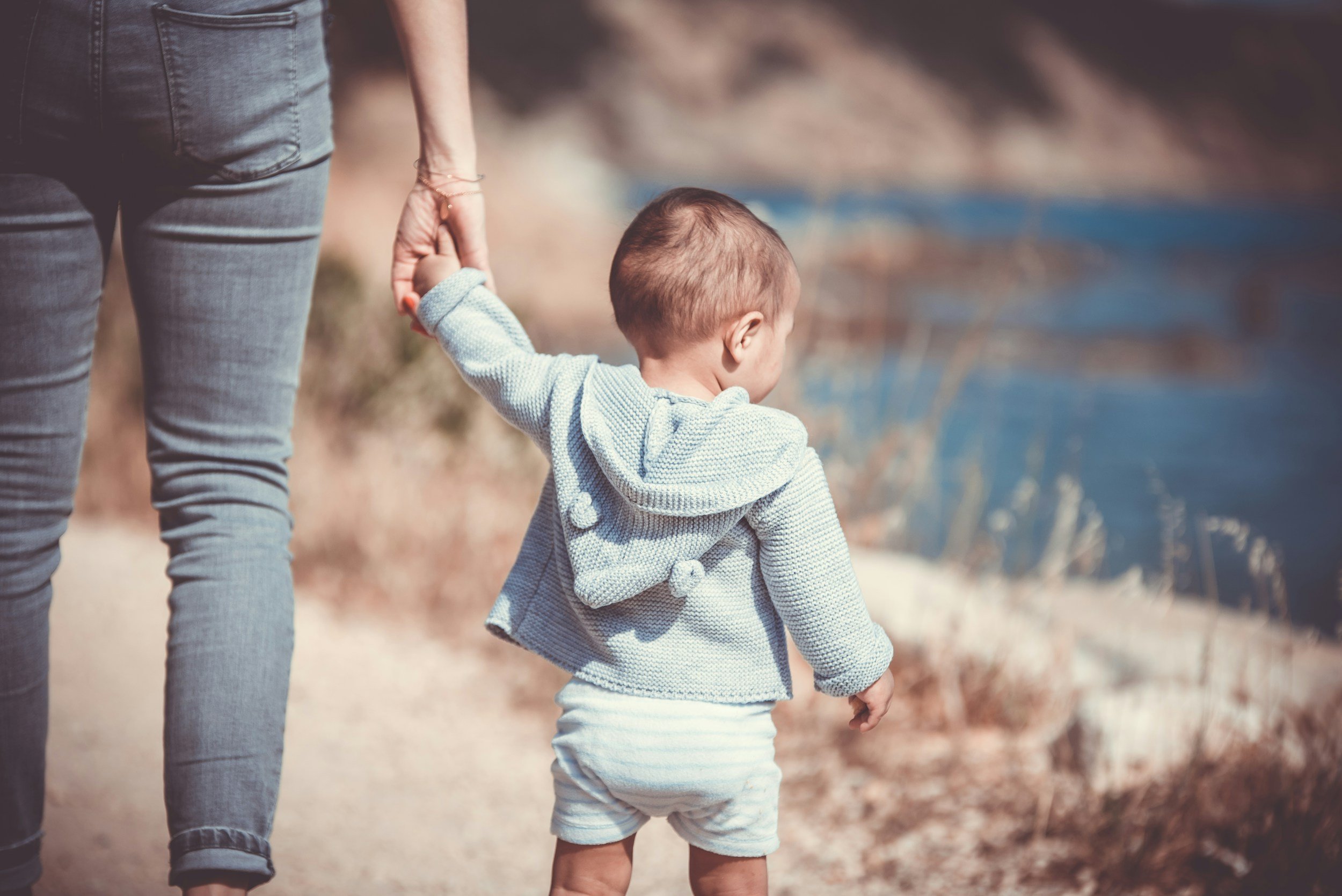 A young child who is late to talks is holding an adult's hand while walking alongside a body of water with a rocky shoreline and blurred natural background.