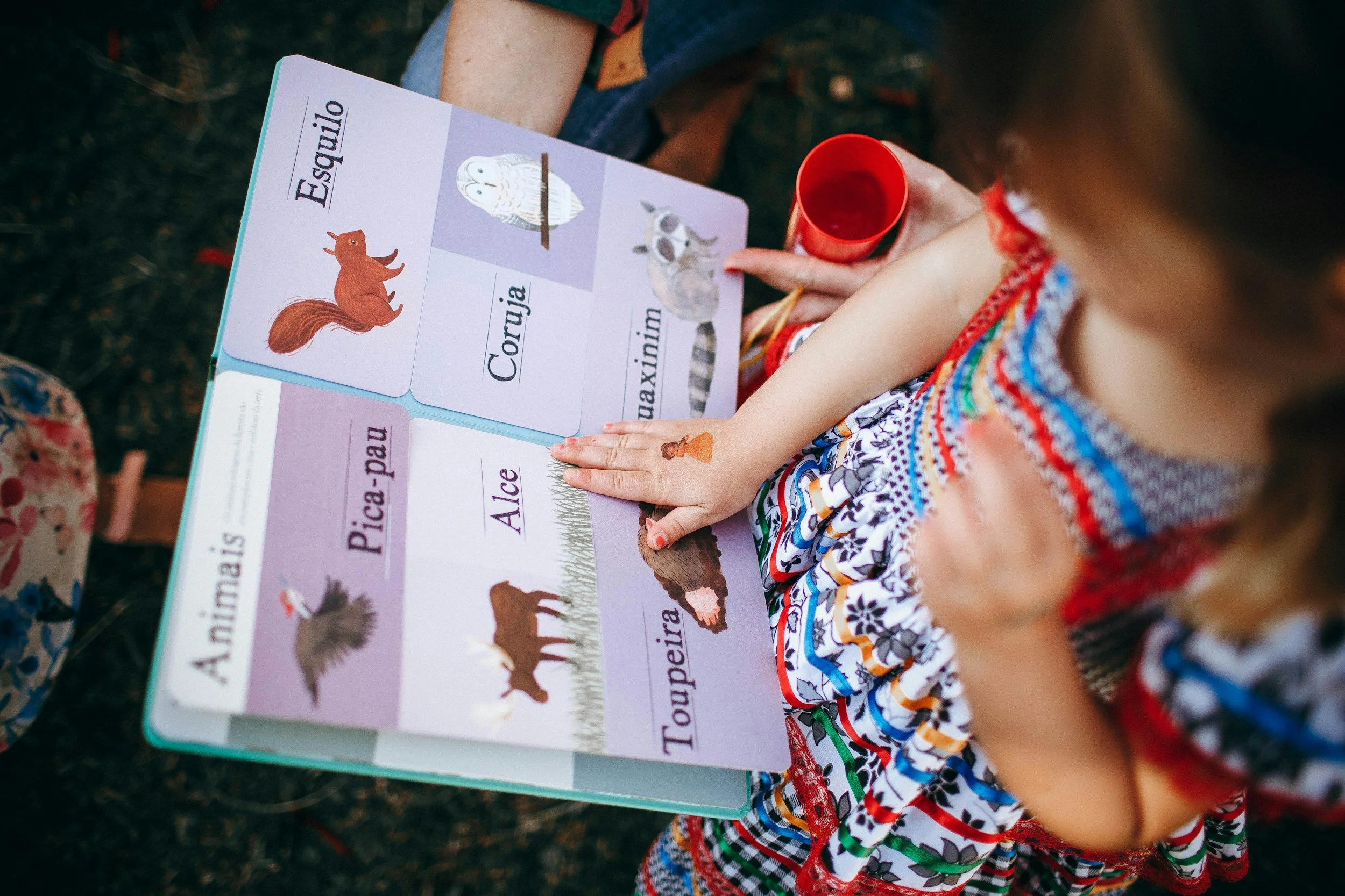 Young girl is looking at an animal picture book written in Portuguese.