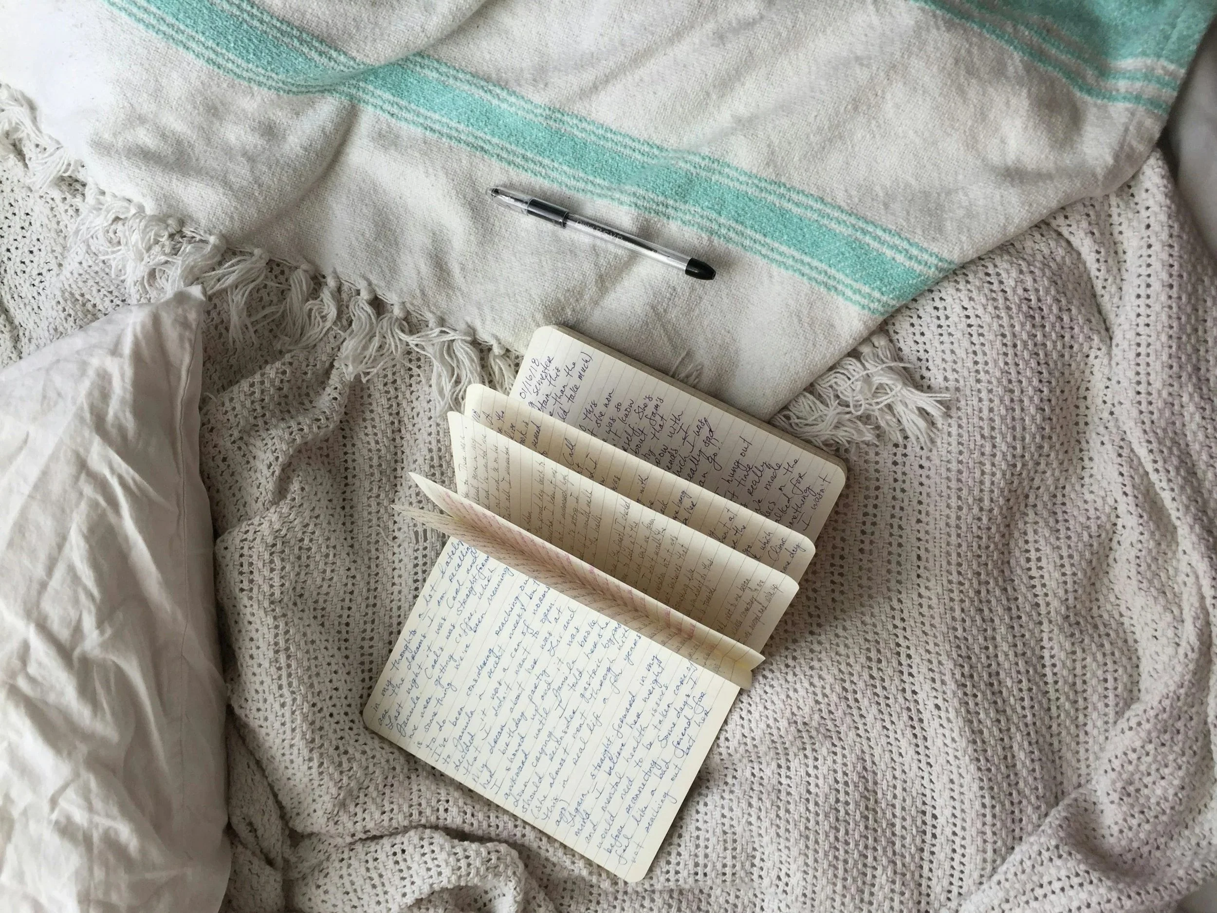 Journal and pen on ruffled bed.