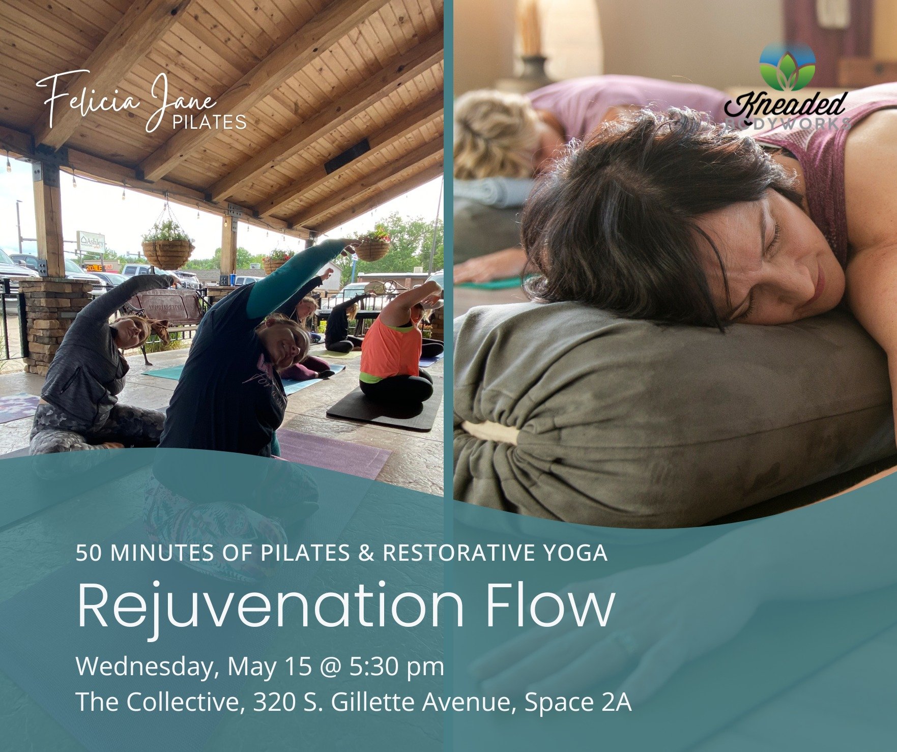 Join Kneaded Bodyworks and Felicia Jane Pilates for Rejuvenation Flow, a blissful fusion of Pilates and Restorative. 🧘&zwj;♀️💫

🕒 Wednesday, May 15 at 5:30 pm @ the Collective, 320 S. Gillette Avenue, Space 2A
💸 $15 for an experience that will le