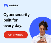 A promotional graphic for NordVPN, featuring a woman using a smartphone with text about cybersecurity and a call-to-action button to get VPN.