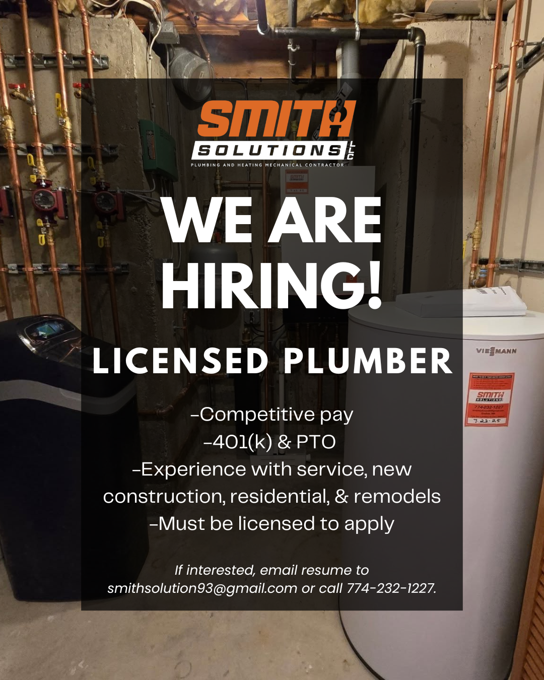 Smith Solutions Plumbing Hiring Journeyman Licensed Plumber Job in MA