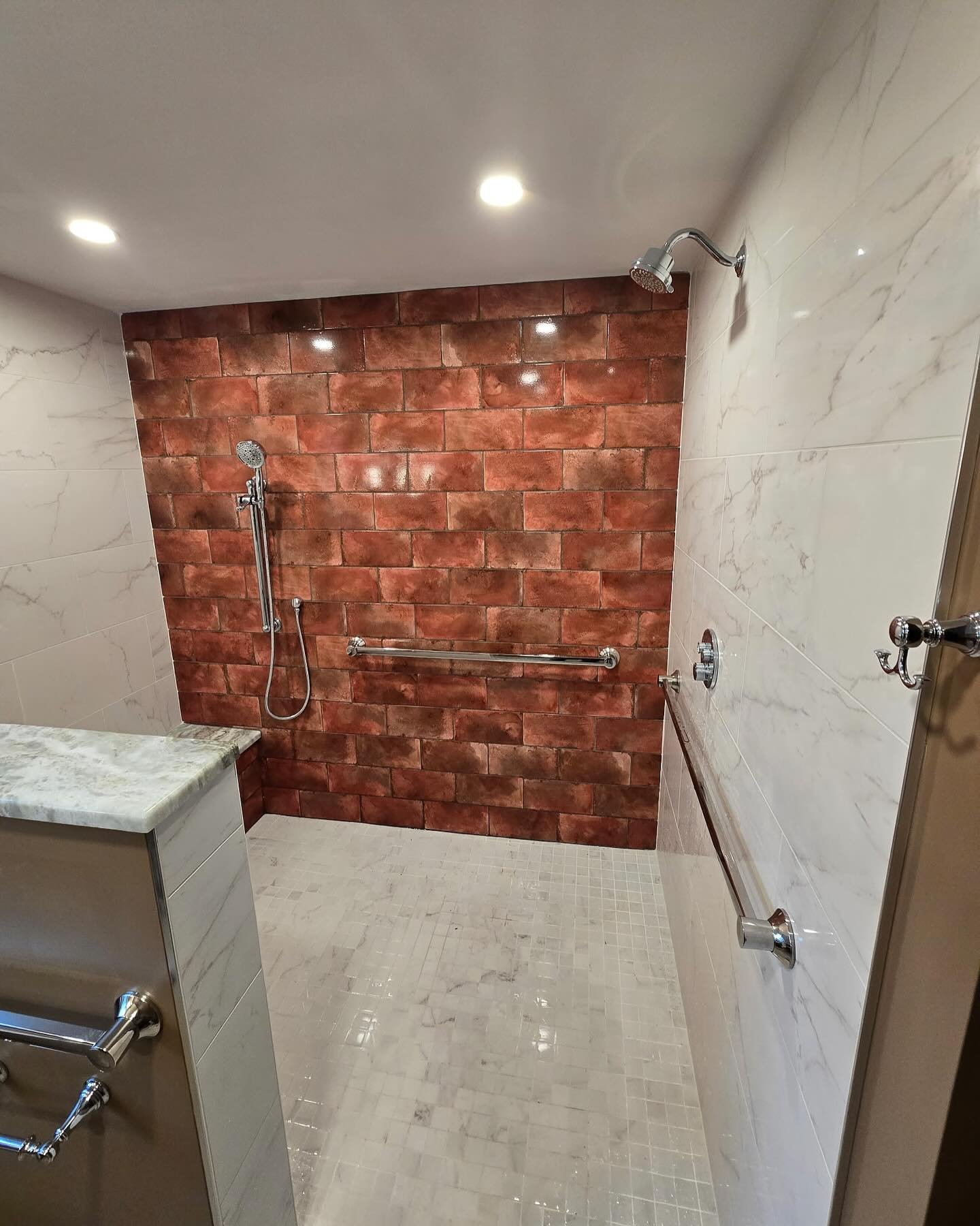 Finish product for our Brookfield job. Installed finish on master bathroom with curbless shower equipped with grab bars, handheld, and a shower head off a @grohe_us valve. Installed a skirted @totousa toilet. Installed a @moeninc 8-inch center faucet