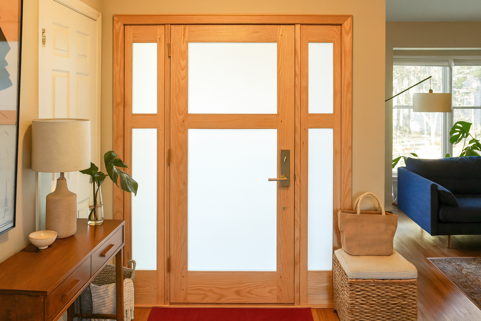Wooden front door with frosted glass panels in a living room, decorated with a side table, lamps, plants, and a woven basket.