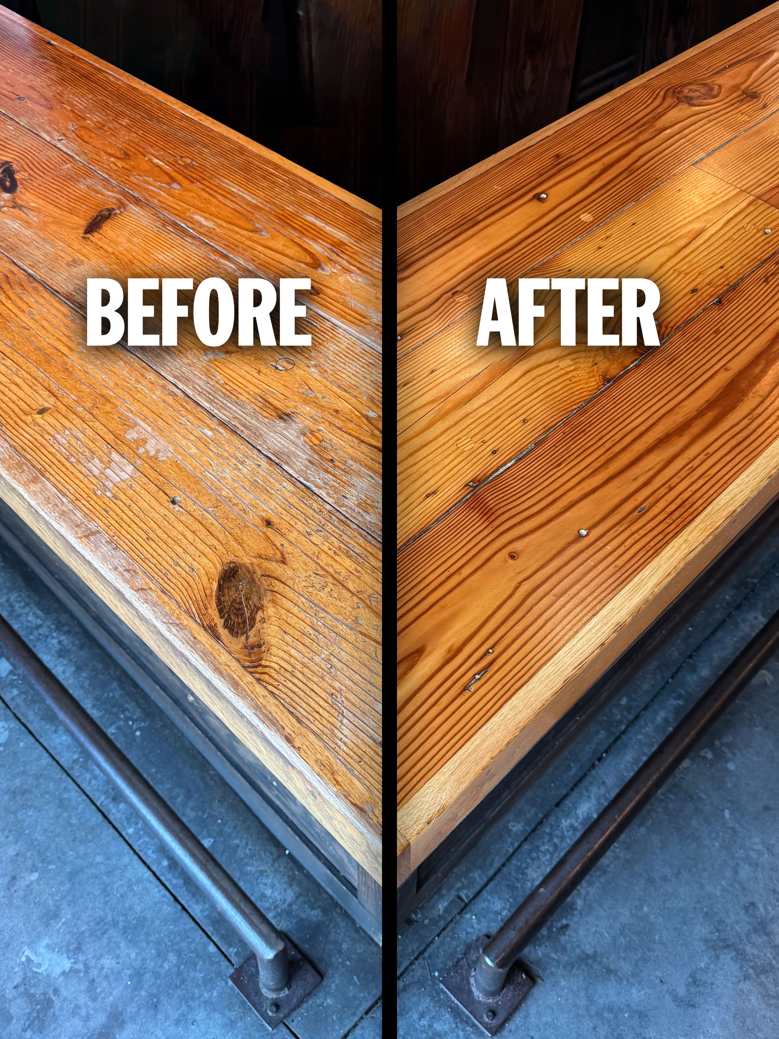 Restored heart-pine bar top with a rich, durable Osmo UV-cured hardwax oil finish by Starr Woodworks.