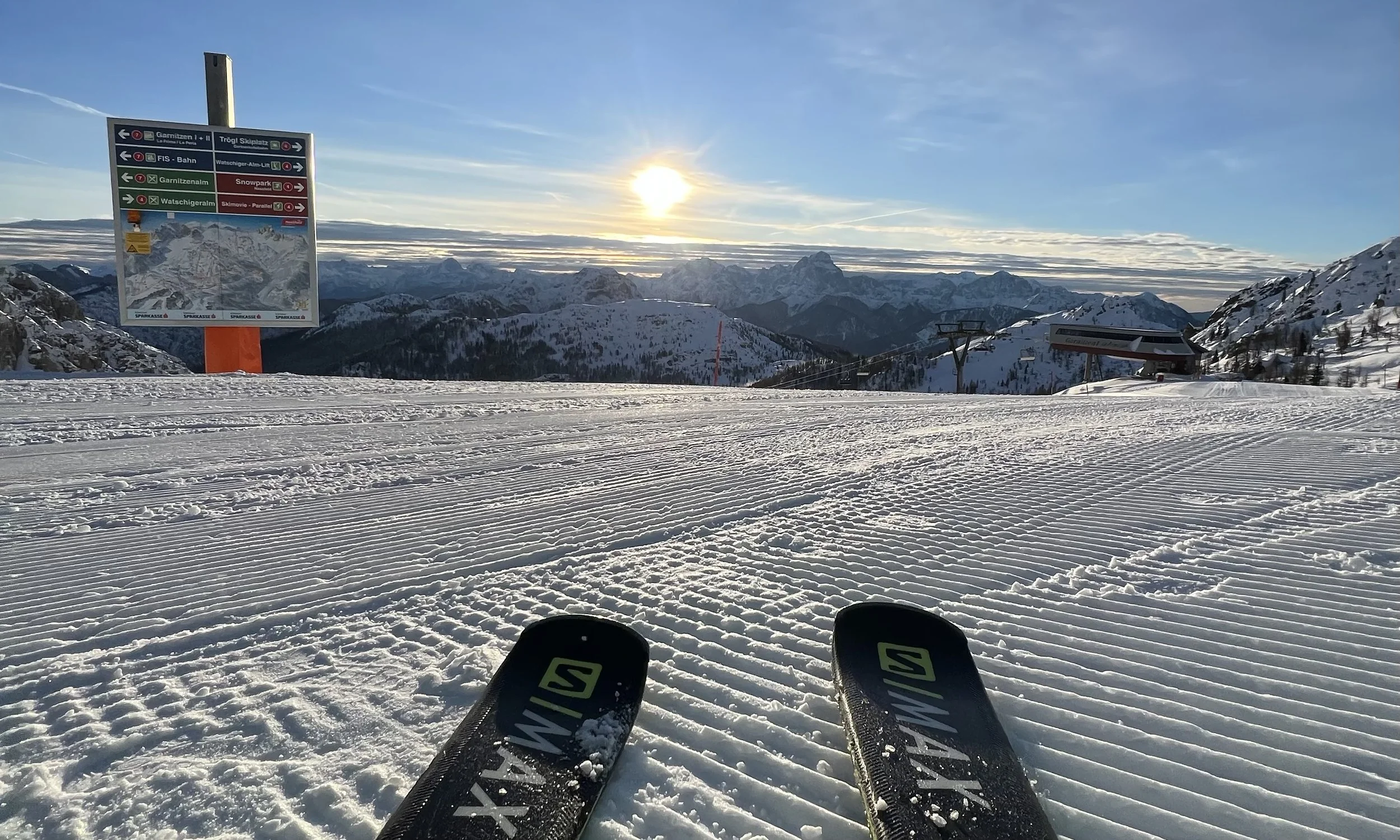 The sun rising over Slovenia viewed from the Gartnerkofel, Nassfeld just before the first run of the day. 