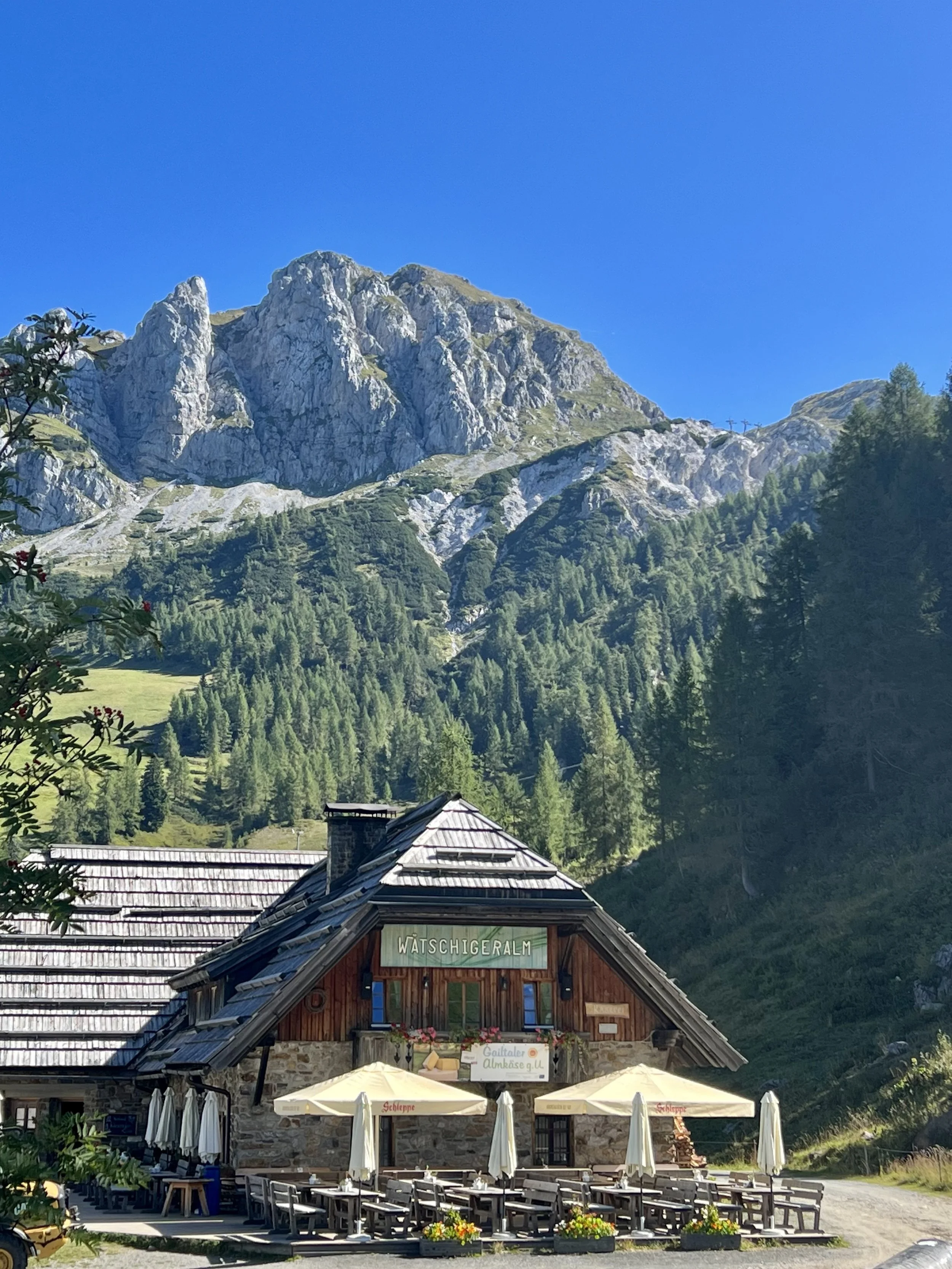 The Watschiger Alm at the base of the Gartnerkofel mountain.