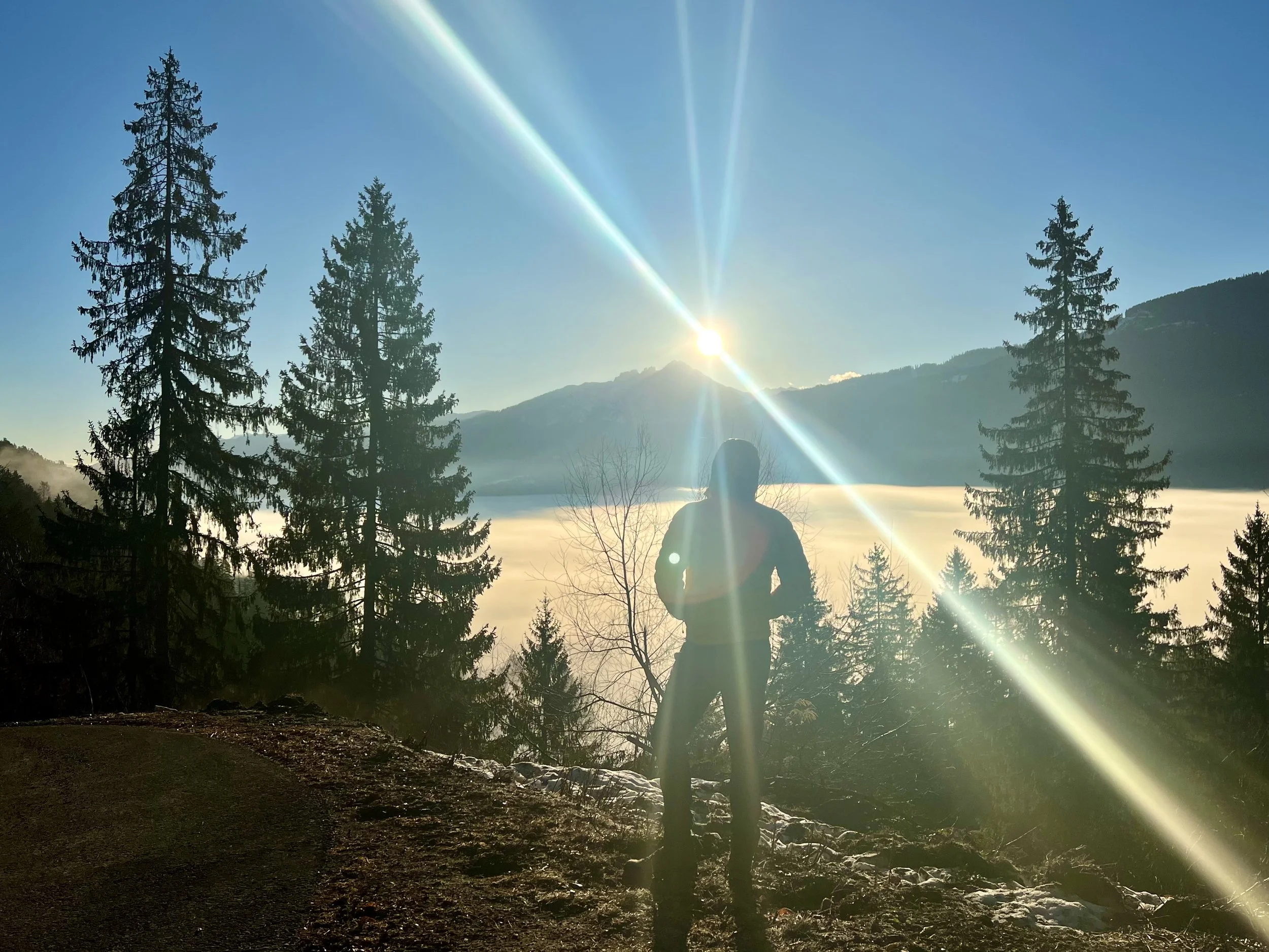 Winter morning walks, with the sun rising behind the Gartnerkofel at Nassfeld and the mist in the Gailtal below. 