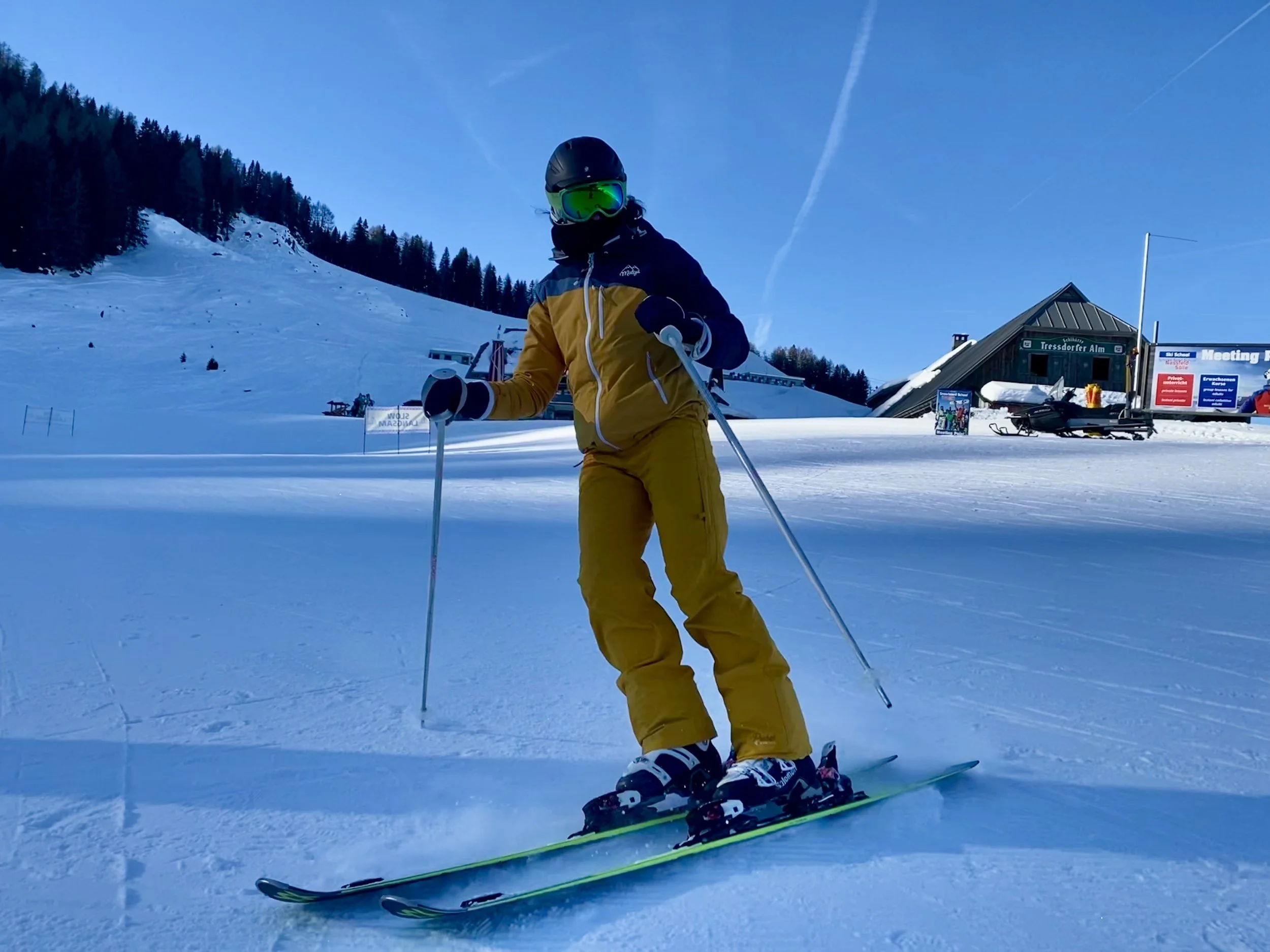 One half of the Nassfeld Blick team (Charlie) skiing at Nassfeld.