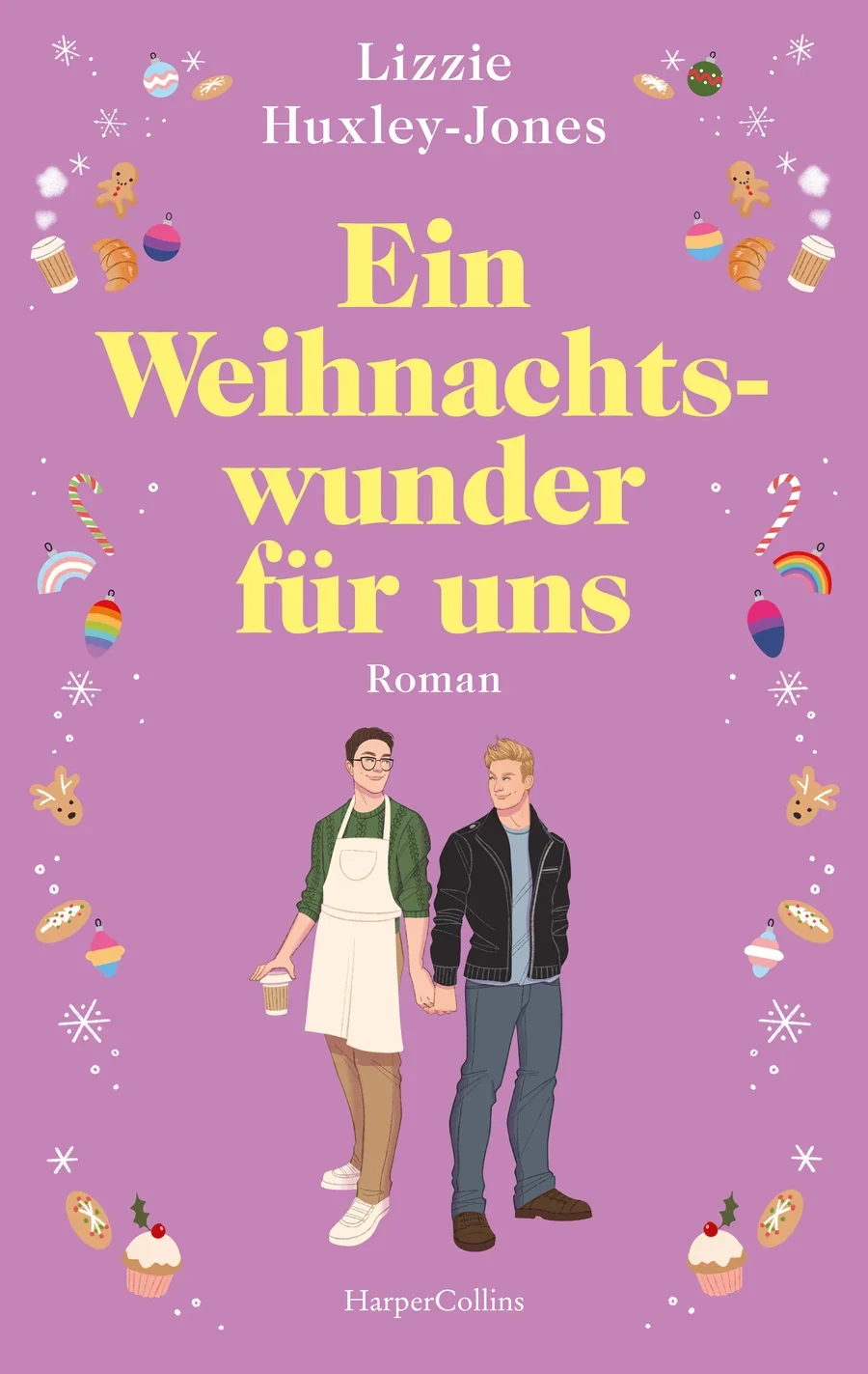 Buchcover mit dem Titel "Ein Weihnachtswunder für uns" von Lizzie Huxley-Jones, einer Illustration zweier Männer, umgeben von weihnachtlicher Dekoration auf lila Hintergrund.