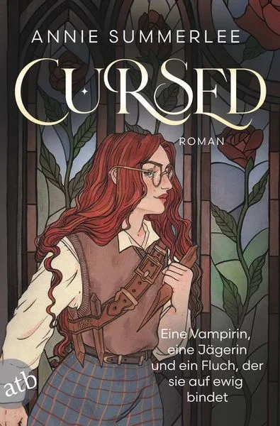 Buchcover des Romans 'Cursed' von Annie Summerlee zeigt eine rote-haired Vampirin mit Brille, die ein Schwert hält, vor einem stimmungsvollen, kunstvollen Hintergrund.