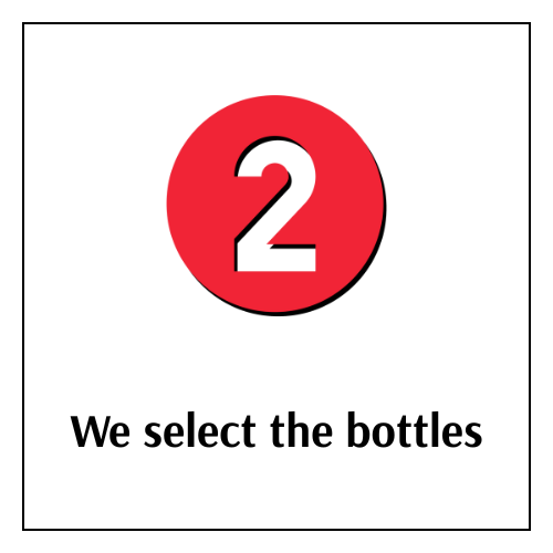 Number 2 inside a red circle with the text 'We select the bottles' underneath.