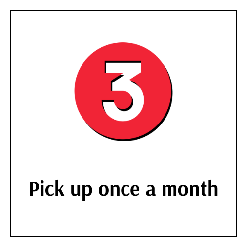A sign with a red circle containing the number three and the text 'Pick up once a month'.