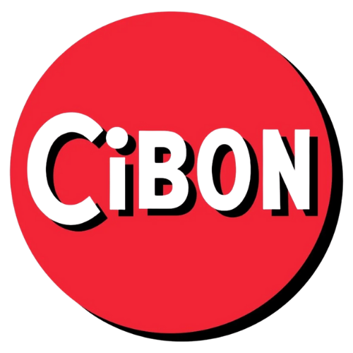 Logo with the word 'CIBON' in bold white letters on a red circular background.