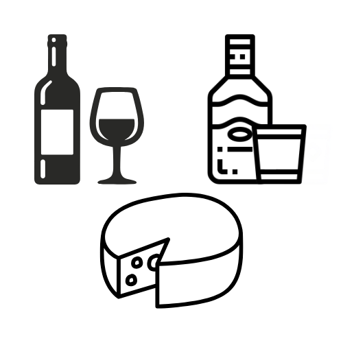 Outline drawing of a wine bottle, a glass of wine, a liquor bottle with a glass, and a cheese wheel with a slice cut out.